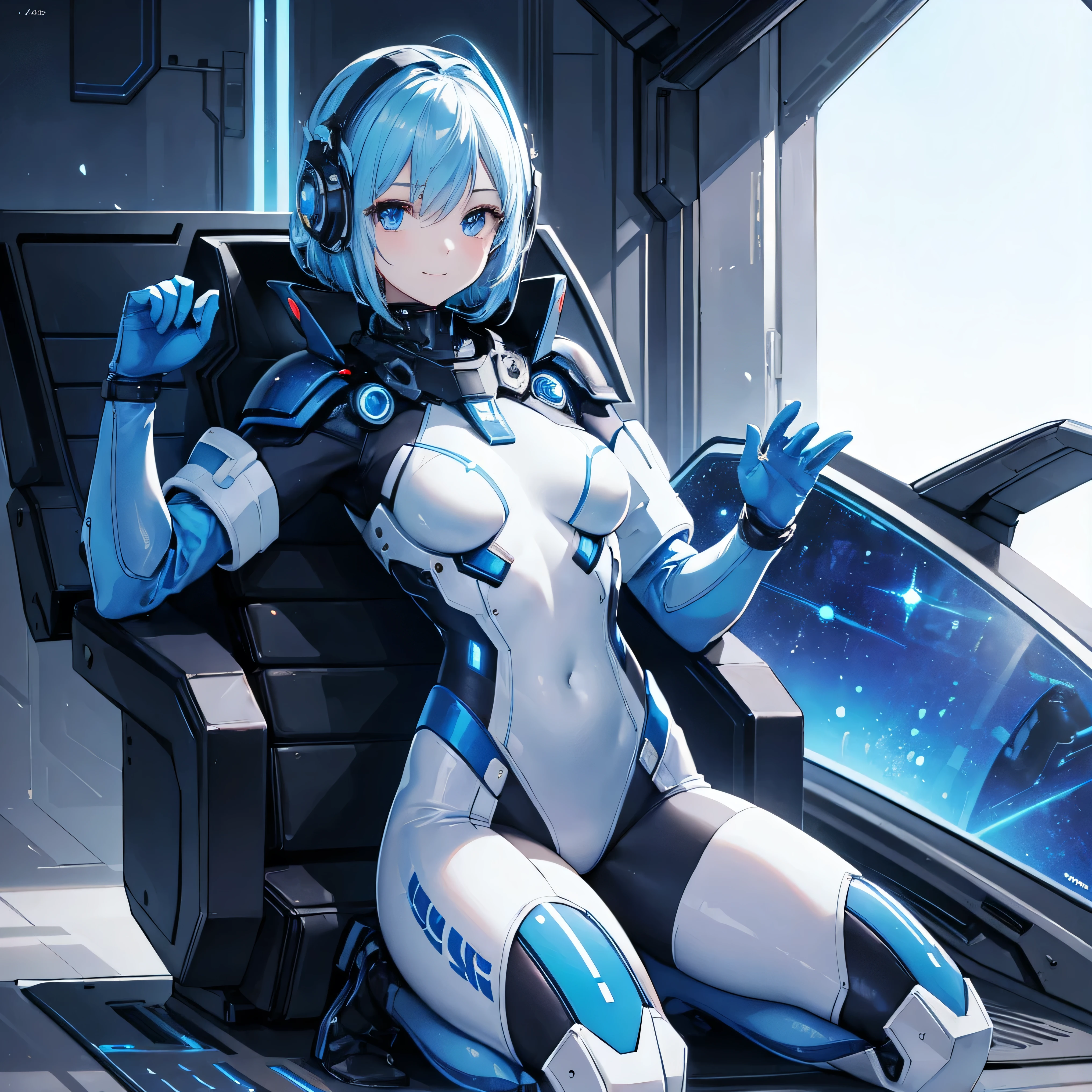 (masuter piece,Best Quality,Ultra-detailed), (A detailed face), hight resolution, 1girl in, White hair, long, Twin-tailed, Blue eyes, SF, space astronaut, astronaut suit, No helmet, Stars, Fully equipped rooms, ukrainian girl