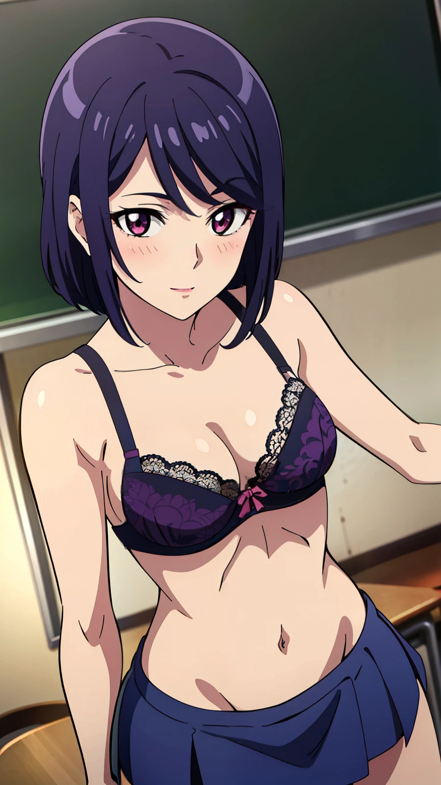 (Top quality, masterpiece, 8k), (anime coloring:1.2), very detailed, very detailed, perfect face, beautiful eyes, perfect eyes, detailed eyes, detailed face, ultra-detailed, detailed eyes, symmetrical eyes, sharp details, 1 girl, solo, (medium hair:1.2), 18 years old, medium breasts, healthy skin, slim, slim body, (half smile), (high girl, (bra), black mini skirt, thighs, classroom, blush), (cowboy shot:1.3), (dynamic pose), looking at the viewer, in the center of the image,