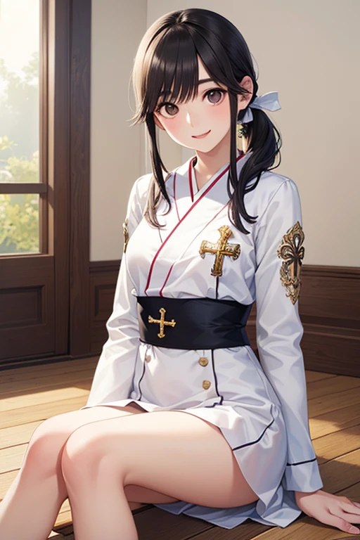 Takane Manaka, shiny brown long hair, pony tail with ribbon、beautiful brown eyes, smiling face, sparkling pupils, (fine grain), highly detailed eyes, highly detailed face, highly detailed eyes,, (masterpiece:1.2, best quality), 1 girl, cowboy shot,, 


cowboy shot,



( Facing a sheet of feathered clothing  : 1.5), (  sitting cross-legged on the floor  : 1.5), ( Delicate Realistic Hair ,  Realistic black hair), bangs, smile, ((white indoor )), (  18 year old woman : 1. 2),   young and adorable Japanese face  ,  Official Art,  high definition CG Unity 8k wallpaper,Ultra  high definition , very well detailed,  Half photo ,  high definition ,  Kodak Portrait 400,  Film Grain ,  Lens Flare Glow,  top quality,8k,  as a portrait shoot,8k,  Show Viewer , (( masterpiece)), ((  top quality)), (  highly detailed ), (( cute)), ((  )), ((  very well detailedな)), (  Detailwear Features ), ( beautiful),  Illustration of ,  beautiful Japanese woman, (( female 1 person)), ( bold cleavings  : 1.3)