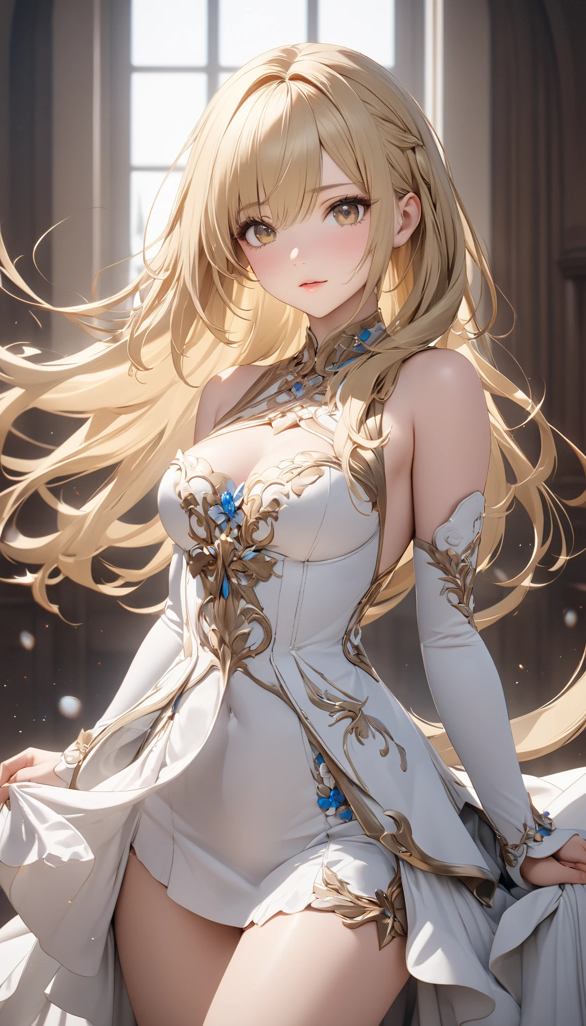 (masterpiece, Highest quality, Highest quality, Official Art, Beauty and aesthetics: 1.2), (One girl: 1.3), (Fractal Art: 1.3), euphilia, One Girl,Anime girl with long blonde hair and dark turquoise eyes in a white dress, Green Eyes,Beautiful Eyes, Elegant face,