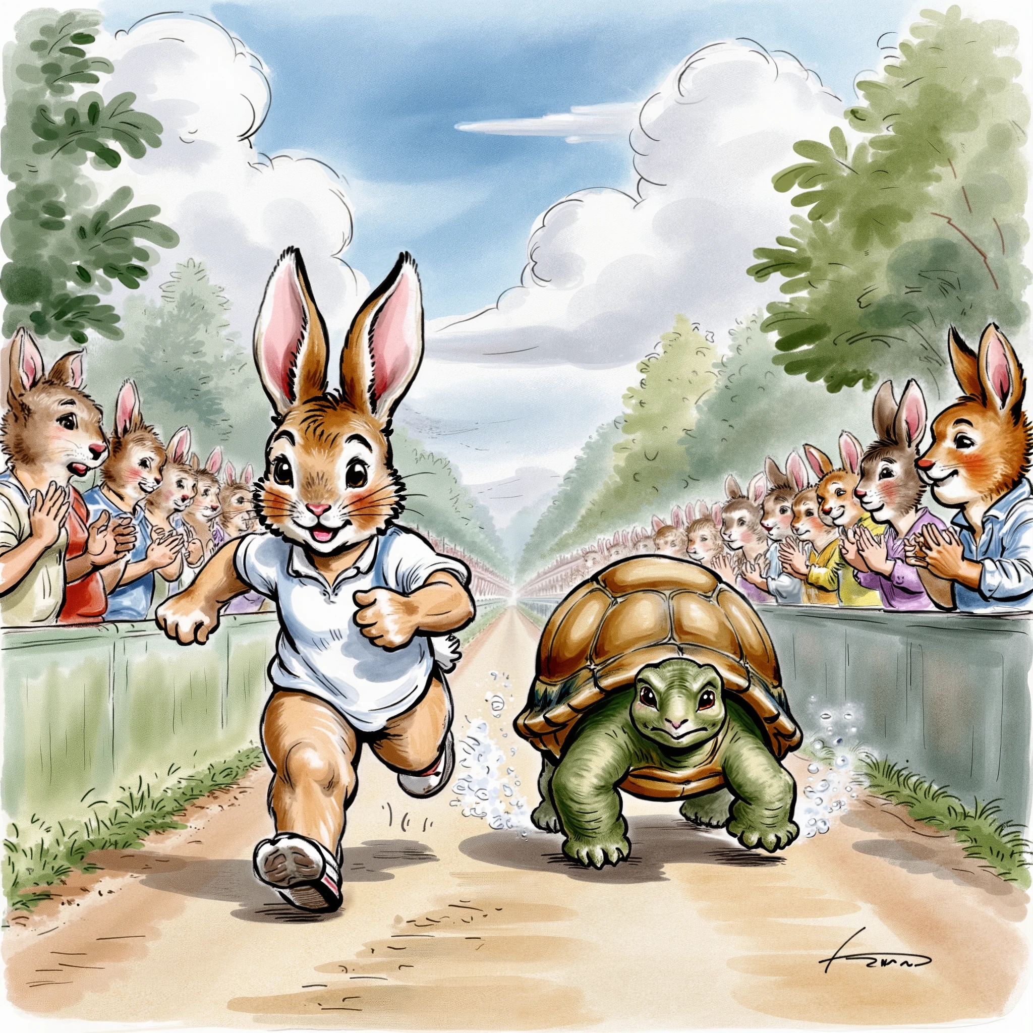 An anthropomorphic illustration of rabbit running ahead of tortoise on the track, other animals clapping side ways, water color illustration 