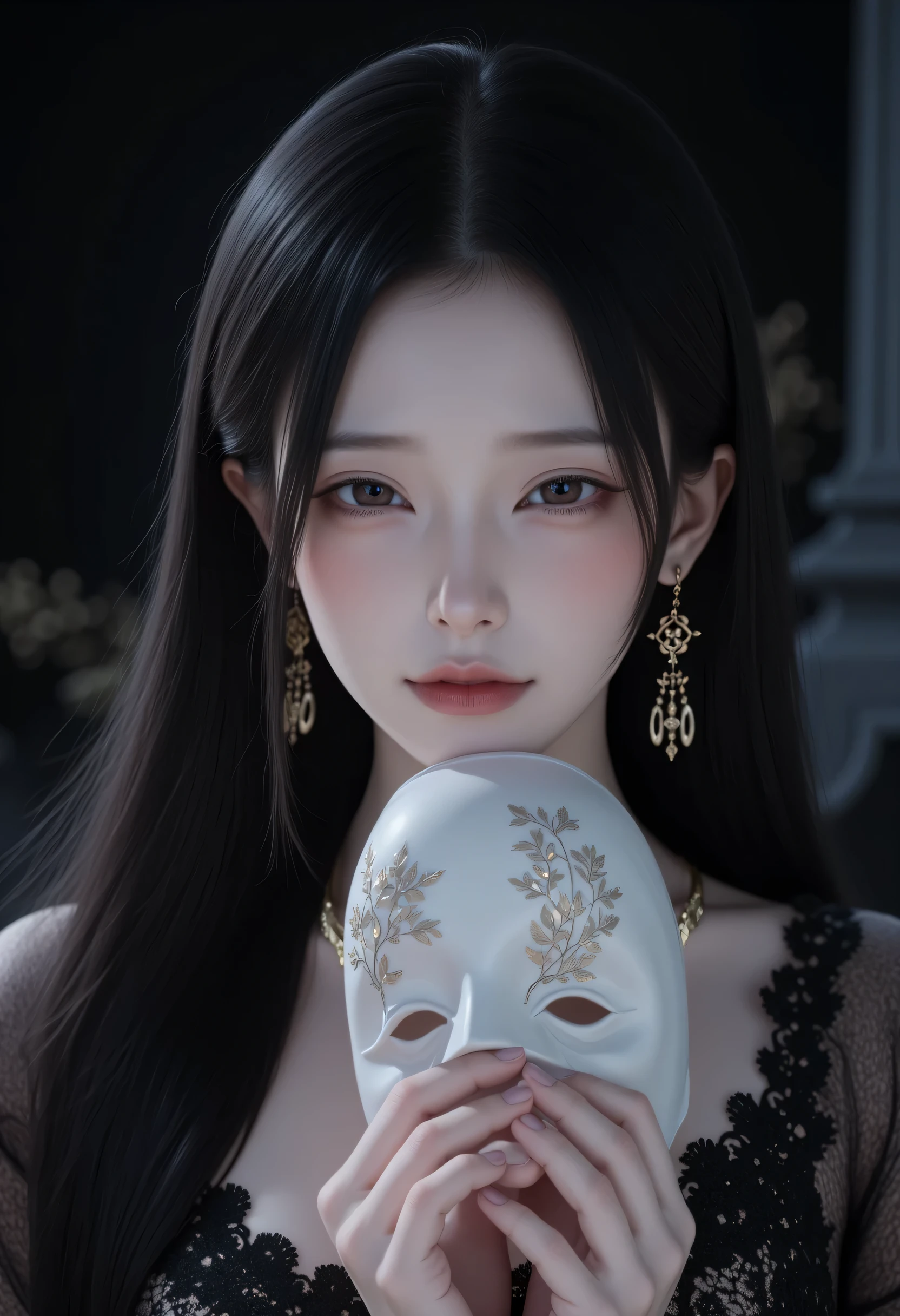 score_9, score_8_up, score_7_up, score_6_up, score_5_up, score_4_up, 1girl, solo, seductive expression,(masterpiece)), Highest quality, Very detailed,(One Girl), master piece, best quality, score_9, score_8_up, score_7_up, score_6_up, score_5_up, score_4_up, masterpiece, best quality, very aesthetic, absurdres, Score_9, Score_8_up, Score_7_up, Score_6_up, Score_5_up, Score_4_up, Source_anime, Tag1, Tag2, Best quality, High quality, Detailed, High resolution, 8k, Ultra highres, Soft saturation, Professional quality, Perfect contrast, Perfect lighting, Anatomically correct, Sensual woman, young female, seductive BREAK Face focus, detailed face focus.  Sexy Idol Girl, white skin, Good style, dynamic and sexy pose. Create an image of a mysterious figure with long, flowing black hair, wearing a delicate, intricately designed white garment. The figure is holding a beautifully crafted white mask close to their face, displaying an ethereal expression. The background is dark and enhances the figure's features, adding a sense of intrigue and drama. The figure should have delicate jewelry, such as dangling earrings, that catches the light subtly. The overall mood of the image should convey a blend of elegance and enigma.