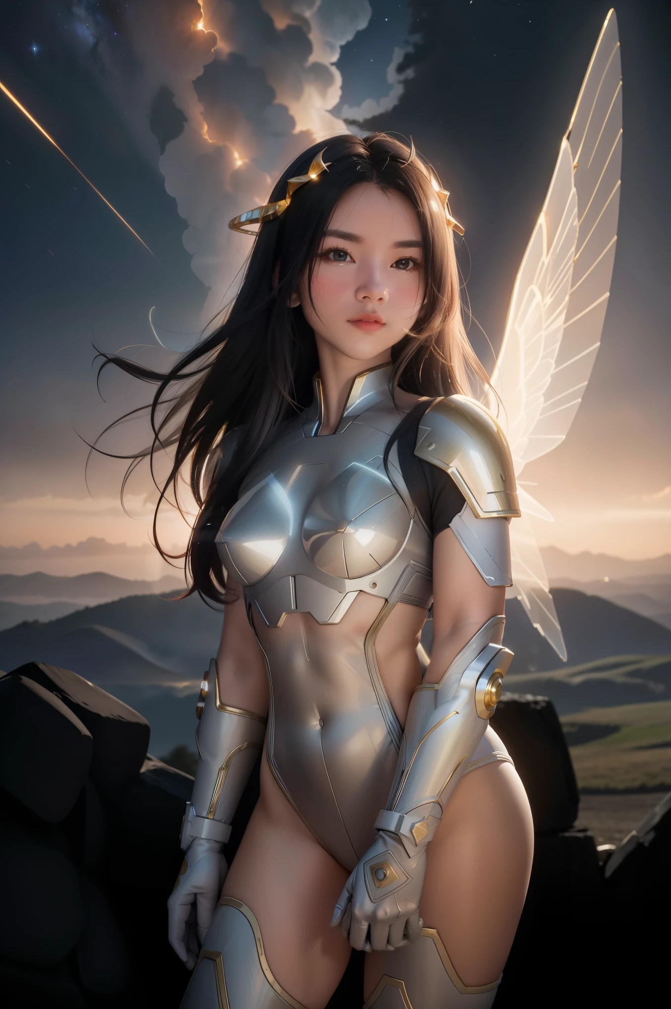 ((masterpiece, best quality, extremely detailed), volumetric lighting, ambient occlusion, colorful, glowing), 1girl, solo, young girl, (dark hair), long hair, halo, aura, sacred, goddess, cleric suit, (white outfit with gold detailst:1.3), armor, outdoors, sunset, sky, clouds, space, (fantasy theme:1.2),ม 1girl, full body, Illustration, cinematic light, high resolution, best quality, ultra-detailed, masterpiece, power suit, powerranger, suit, spd,