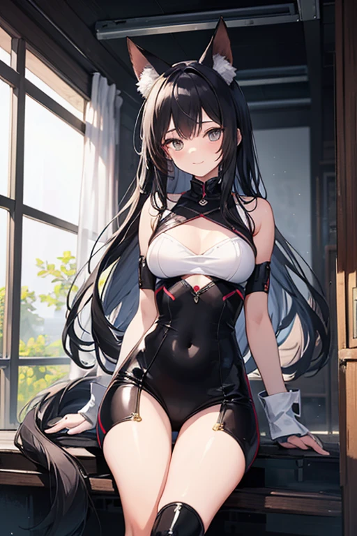 Anime Girl, Black Long Hair, Red Eyes, Smile, Beauty, Hourglass figure, bunny suit cosplay, from view, beautiful