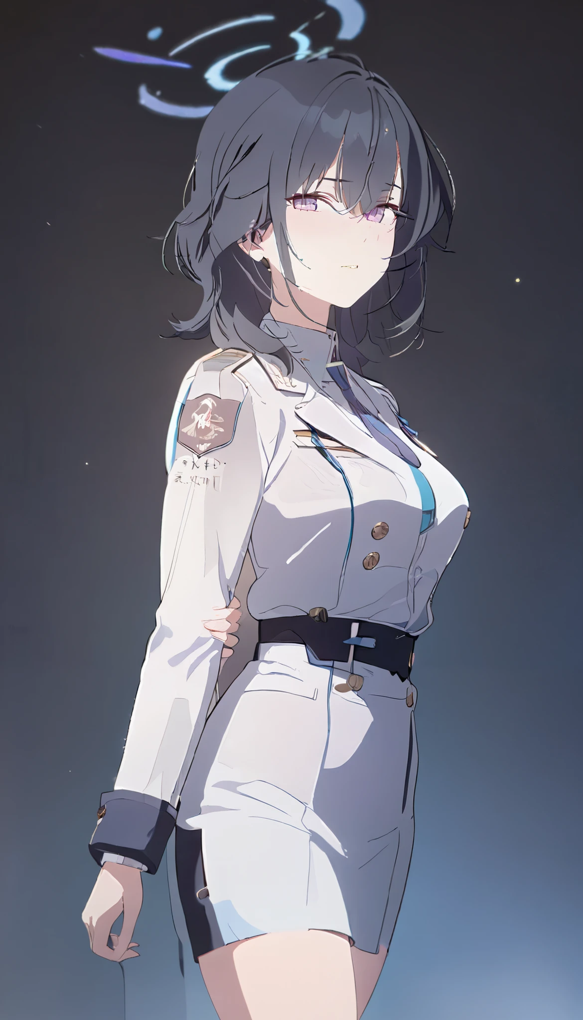 masterpiece, best quality, solo, 1girl, mature, black hair, medium hair, lavender eye, blue halo, white uniform, blue tie, standing, looking at viewer, calm, reserved, black background