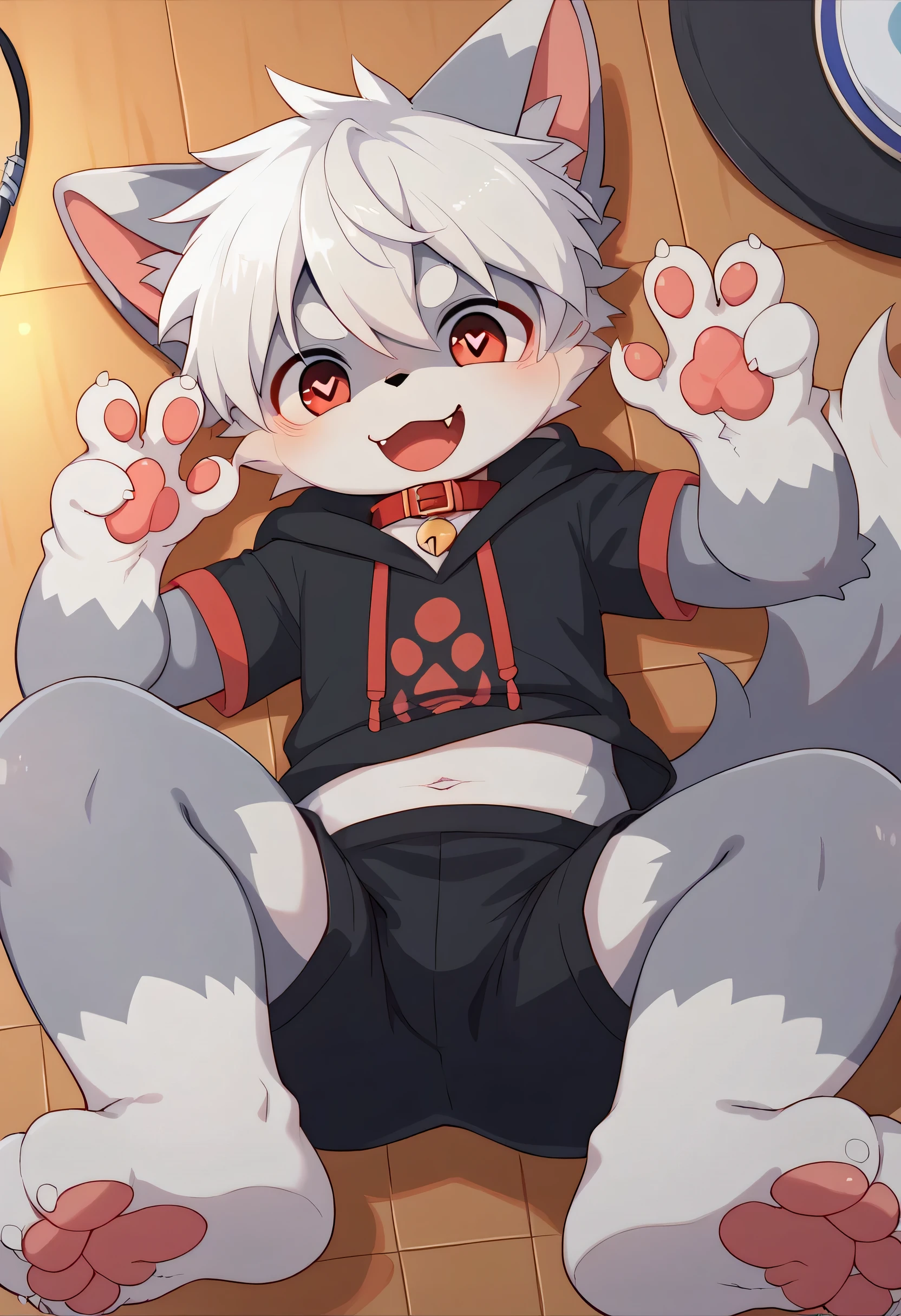 very well detailedな, very well detailed, gray fur white hair ,age 15,male, excited to look at the bones , wolf pelt, excited,Participation, cute face , Show me your legs ,Horny Male , red collar on the floor,Cute ears ,Fluffy ears ,Fluffy ears , show me your legs ,肉球を見せてくれるオオカミMale , show me paws , red collar on the floorと紐を持っている, red collar on the floorと紐を持っている, cute fur Male , Male , heart eye ,Horny Male , Black Back , white background, blush nose , alone, droopy ears, black shorts , Black Short Sleeve Hoodie