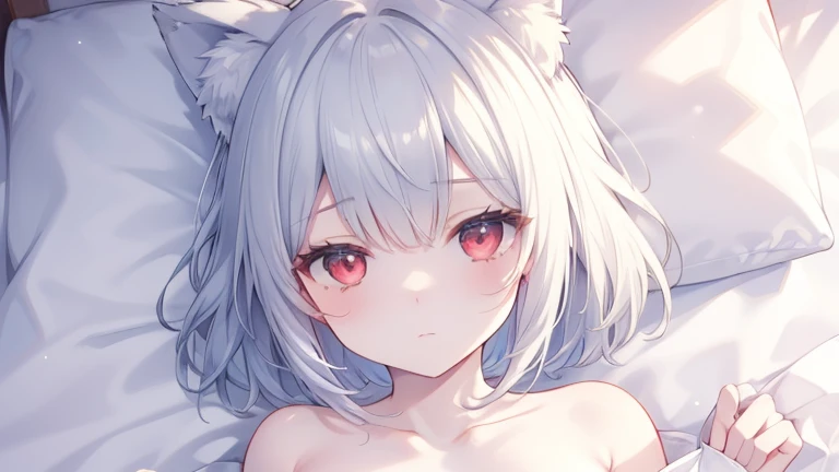 furry, gray fur, ultra cute face, red elements on fur, full naked, in bedroom, fluffy, small breasts, cute pussy, seducing, cummed, shy face, blush, blushing beautiful lights and shadows, ambient light, ultra detailed fur, volumetric light