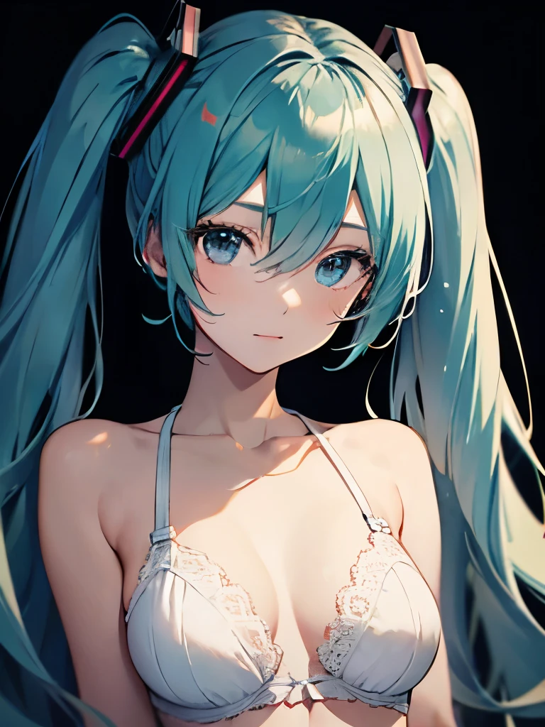portrait of emb-haiz, pretty face, bedroom at night. masterpiece,micro bikini, Hatsune Miku, dramatic lighting, (badge:1.2).blue tie,, seduction,Sex ligirl on tomen,big bust