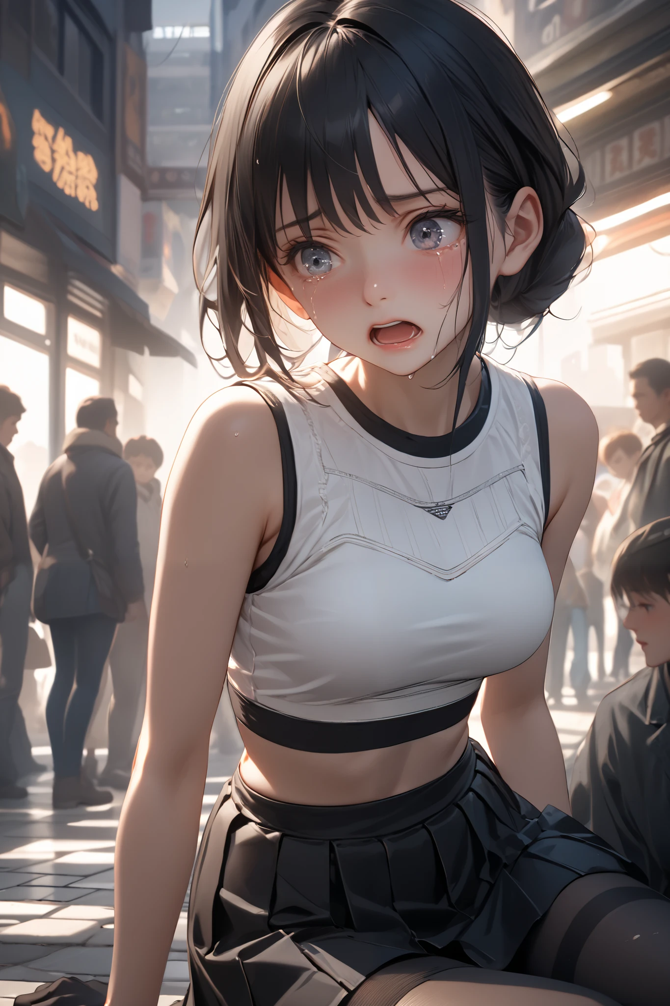 Masterpiece, Max Image Quality, very detailed description ,highest quality, UHD, retina, masterpiece, accurate anatomy, super detailed, high quality, best quality, 8k, top quality, Masterpiece, Masterpiece, Extreme Advanced Details , depicting a delicate face ,( Delicate Hair Description ),( delicate eye description), Young woman, anime style, sitting on light-colored tiled floor, long black hair, light skin, /young adult age range. Open mouth, expressive face, emotional distress, tears visible, showing distress and pain. White crop top, black short skirt, black leggings underneath. Detailed black gloves on arms. Light-colored underwear visible below the skirt. Detailed, realistic anatomical features, high-quality rendering. Sunlight, casting shadows, impacting the subject and the environment. Low angle, close-up perspective. Emphasis on detail and realism. Contemporary anime aesthetic. Detailed textures in clothing and hair. Neutral color palette, with a melancholic mood. Focus on facial expression and emotional intensity. Precise detailing of features and attire, depicting the character's posture and body language. Artistic rendering style evocative of video game character design. in a busy city,Sitting on a busy street,