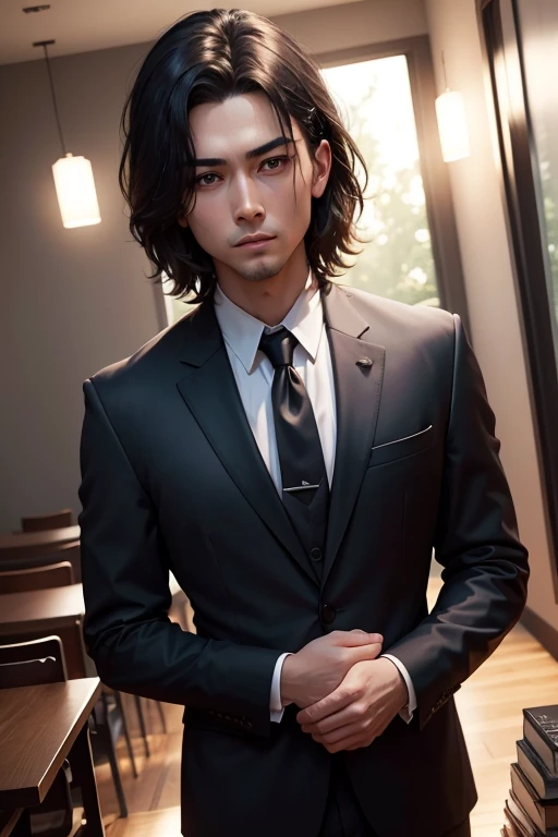 He is a tall, middle-aged man, com cabelos curtos e grisalhos. He has brown eyes and wears glasses. Nanami is usually seen wearing a black suit and a tie.. He has a serious and mature appearance, with a calm and determined facial expression. His posture is upright and he generally has a professional demeanor.. Nanami is a very skilled and experienced character, Known for his pragmatic approach