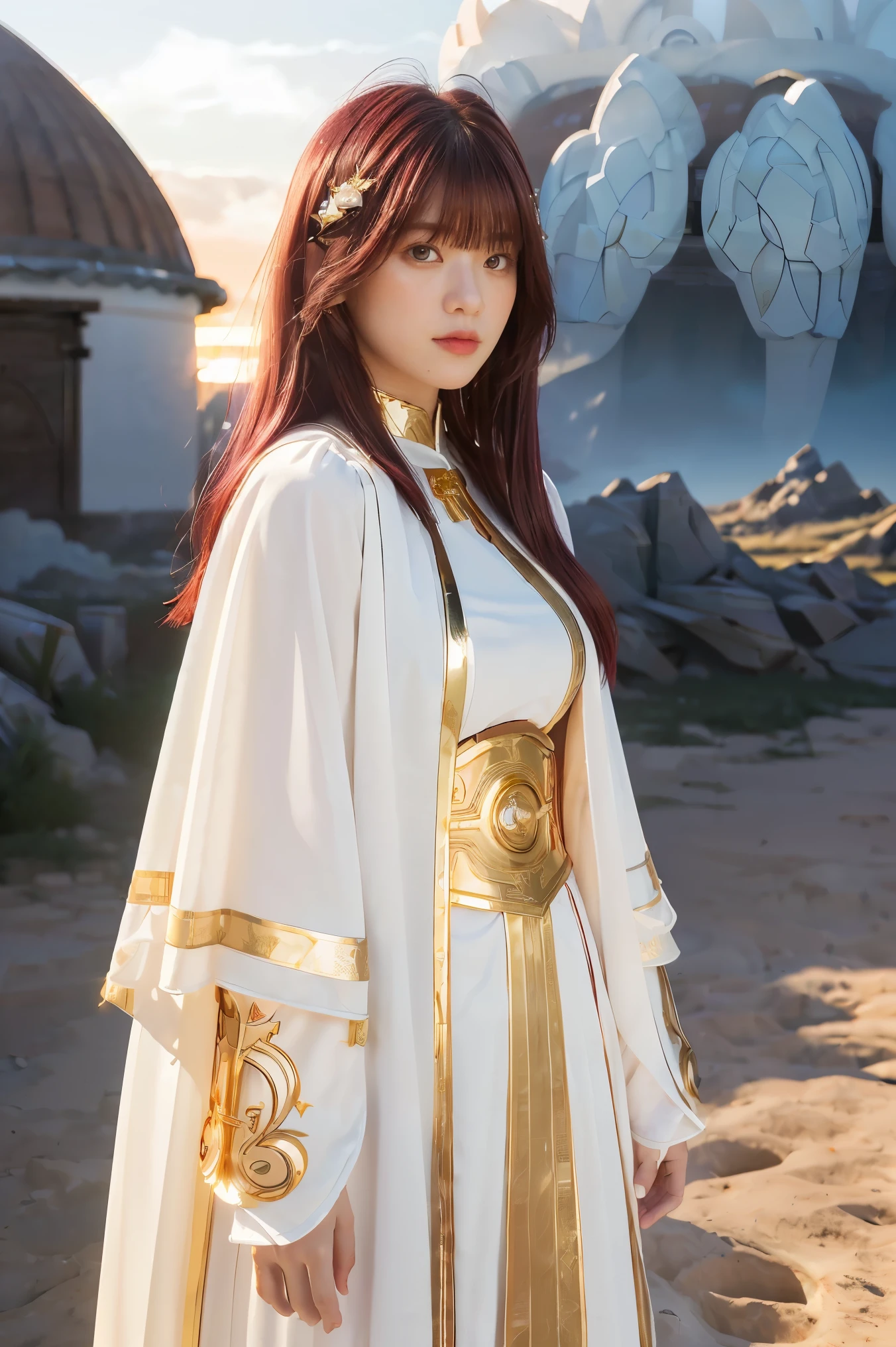 ((masterpiece, best quality, extremely detailed), volumetric lighting, ambient occlusion, colorful, glowing), 1girl, solo, young girl, (maroon hair with bangs), long hair, halo, aura, sacred, goddess, cleric suit, (white outfit with gold detailst:1.3), armor, outdoors, sunset, sky, clouds, space, (fantasy theme:1.2),