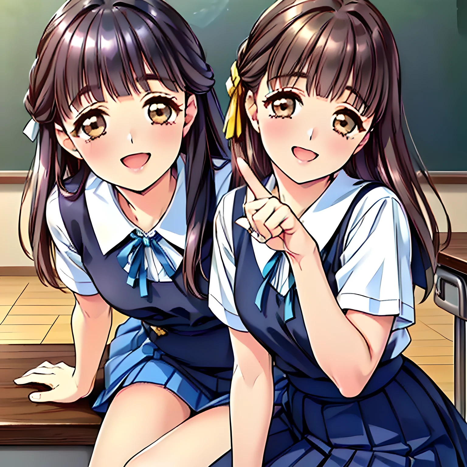 (highest quality, masterpiece:1.2), highest quality, High resolution, 1080p, 8K, (Some yo beautiful pretty fashion model succubi are hypnotizing me by their neat beauty in a classroom, ((laughing at me)), (looking me down), most beloved girl in Japan, (intelligent and perfectly balanced slender style), feeling too funny, amazingly neat & clean, in peace and neat lovely strong charm, cutely tilted head, beautiful legs: 1.8), (Too noble beautiful lady like a love-story comic heroine), (laughing like watching a comedy), A very lovely, very noble, pretty and pure beautiful girls. ((Bursting out Laughing very elegantly)), ((white grown face)), Using expensive whitening cosmetics by cosmetics artist: 1.2), A white face that everyone loves, Glossy lips, (curled) bangs, (Too beautiful blue fascinating shiny (double-lidded) (brown eyes) with love to the viewer, ((deep upper girly eyelid)), laughing with detailed clearly: 1.5),  (Dark blue vest school uniform, (Neat smart (white school frilled blouse))): 1.8), (A very neat, ((realistic), (dark-blue) pleated blue school skirt): 1.6), (too pretty shiny light-yellow realistic school ribbon): 1.5), (Shiny love-story heroine lips, extremely laughing open mouth: 1.0),  ((amazingly beautiful black hair: 1.5)), (Ribbon in (black hair), The ribbon is big and very pretty), (Tight waist, slender like a beautiful fashion model: 1.5), (The background is (plain black space with lovely heart stars) to emphasize her fascination: 1.8), (The lady knows well about the viewer's super fetishism for school uniforms, and satisfies it completely in the viewer's lewd dream: 1.7), (beautiful neat fascinating cute noble atmosphere in a high school only for beautiful ladies to learn how to hypnotize: 1.8), (early in the morning: 1.5), (Show your prettiest expression!!: 1.5),  (The girls are standing and surrounding a table and controlling the material on the table completely as if they are nurses around a surgery table: 1.2)