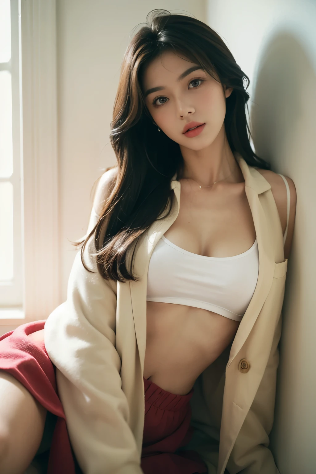 pretty girl, alone, Supermodel, Long Hair, compensate, Lips parted, big , Nipples, outside, pussy outside, Cleavage, Tank top, More jackets, Open clothes, (View your viewers), Stand against a wall, indoor, Thighs, Soft lighting, Film Grain, Upper Body, Epi C Photo, (highest quality:1.2), (masterpiece),((Very detailed)),