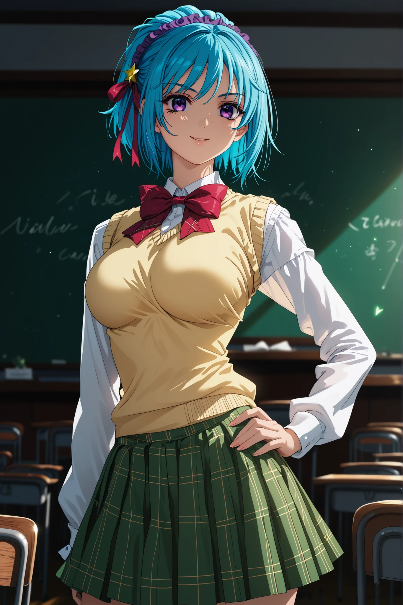 ((Highest quality)), ((masterpiece)), (detailed), candid angle, cowboy shot, (bright colors), 1girl, solo, kurumu kurono, short hair, blue hair, purple eyes, ponytail, ribbon, hair ribbon, hair ornament, large breasts, shirt, white shirt, long sleeves, bow, red bow, sweater vest, yellow sweater vest, skirt, plaid skirt, green skirt, socks, light smile, hand on hip, Shiny Hair, Tight waist, Small waist, Glowing Skin, background classroom, Cinema Lighting, perfect lighting, Exquisite detail,