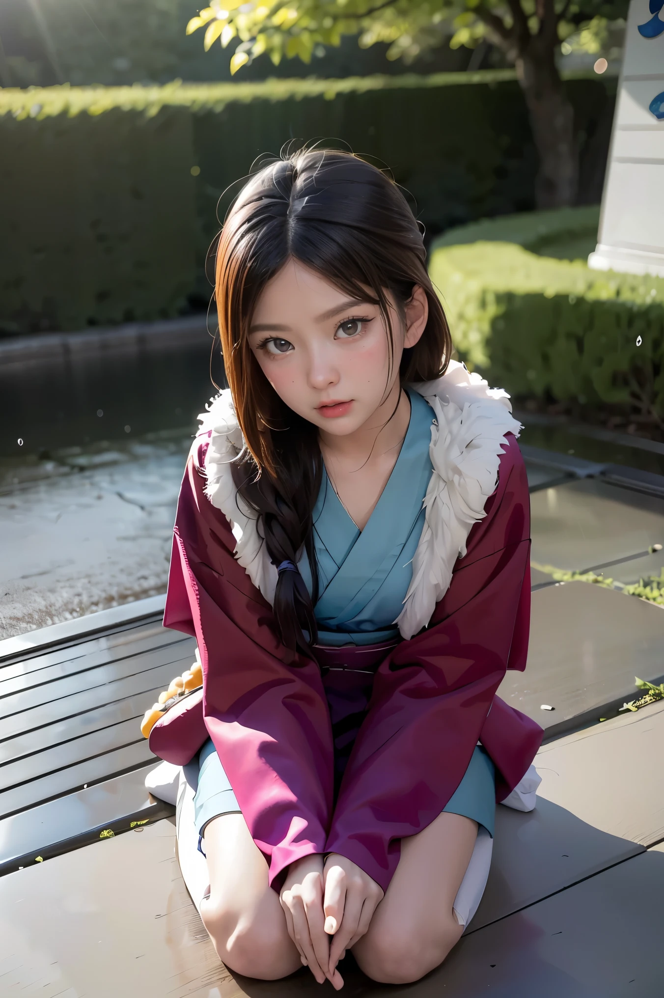 On the ground sat a woman in a costume,Japanese cartoons girl , Japanese cartoons , the first god,sweet rain,kneeling to sitting on the ground