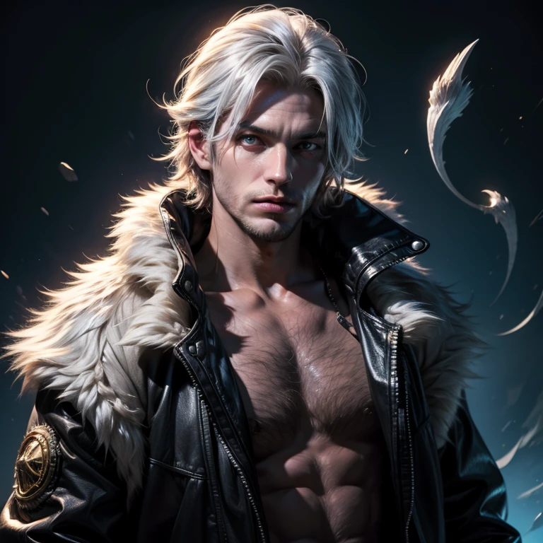 Male with light beard, flowing white hair, has wolf ears, has wolf tail, shirtless, happy, playful, in cyberpunk outfit