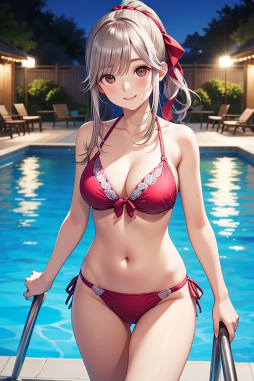 1girl in, (masutepiece:1.1), (Best Quality:1.1), The bikini、(in poolside :1.1), Cowboy Shots, silber hair, length hair, , verd s eyes, sideways Facing,