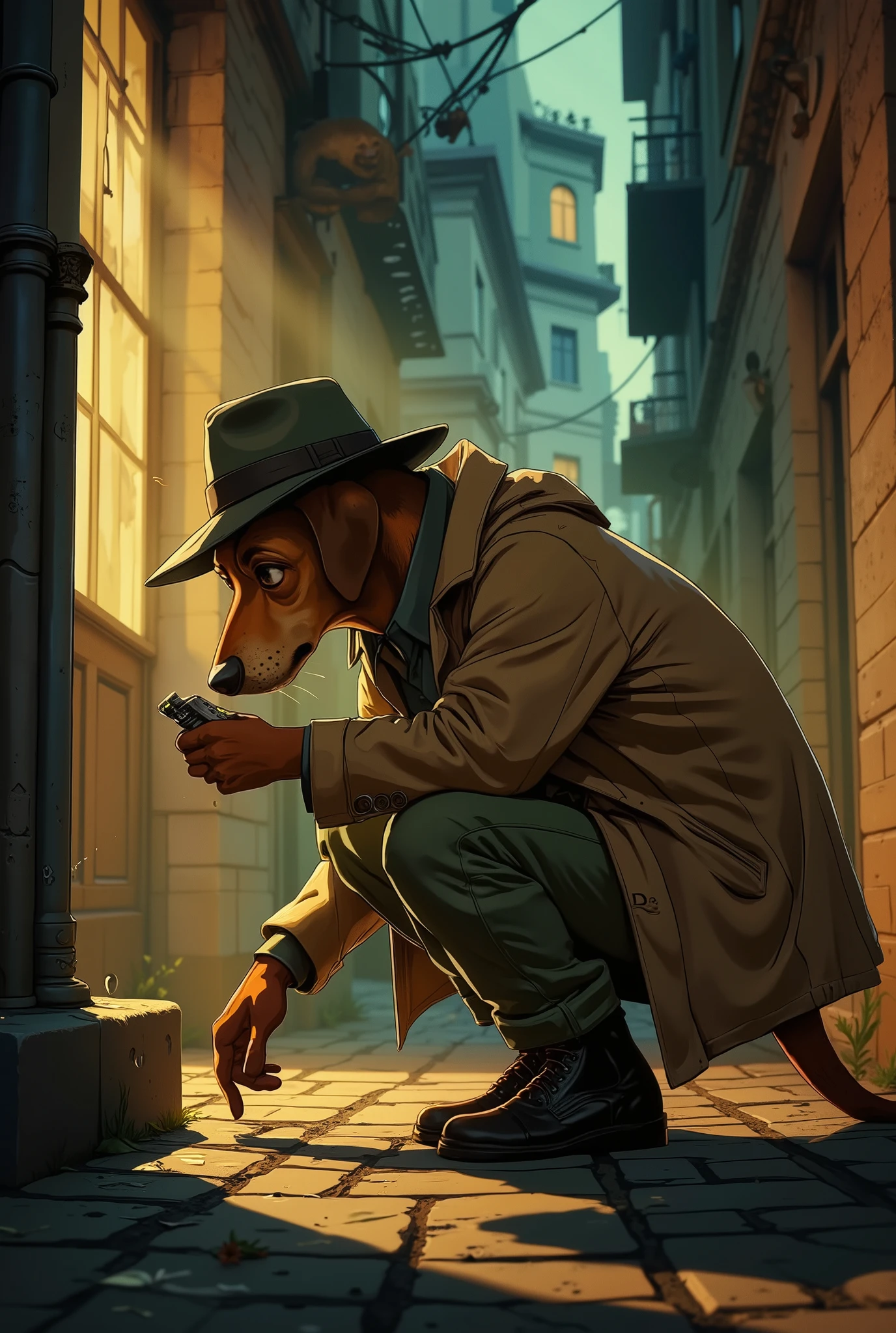Cartoon,  detective dog character,,dog detective doing nosework in alleyway,Humanoid dog character sniffing and smelling,、Squatting, sniffing the ground, dog with nose on the ground、 detective outfit, pants, hat,dog of human build,shoes