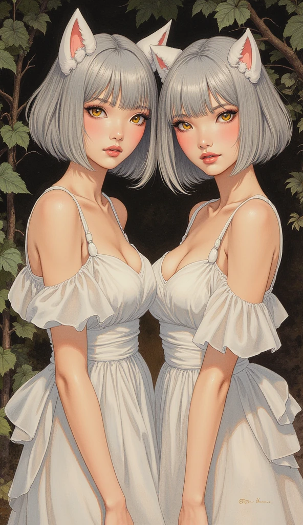 masterpiece, best quality, ((2women:1.3)), (closeup), 22yo, slim, small breast, naked breast, nipple, open sailor suit, Inside the room, hugging, lode, smile, grey, desolate, dark, watercolor,