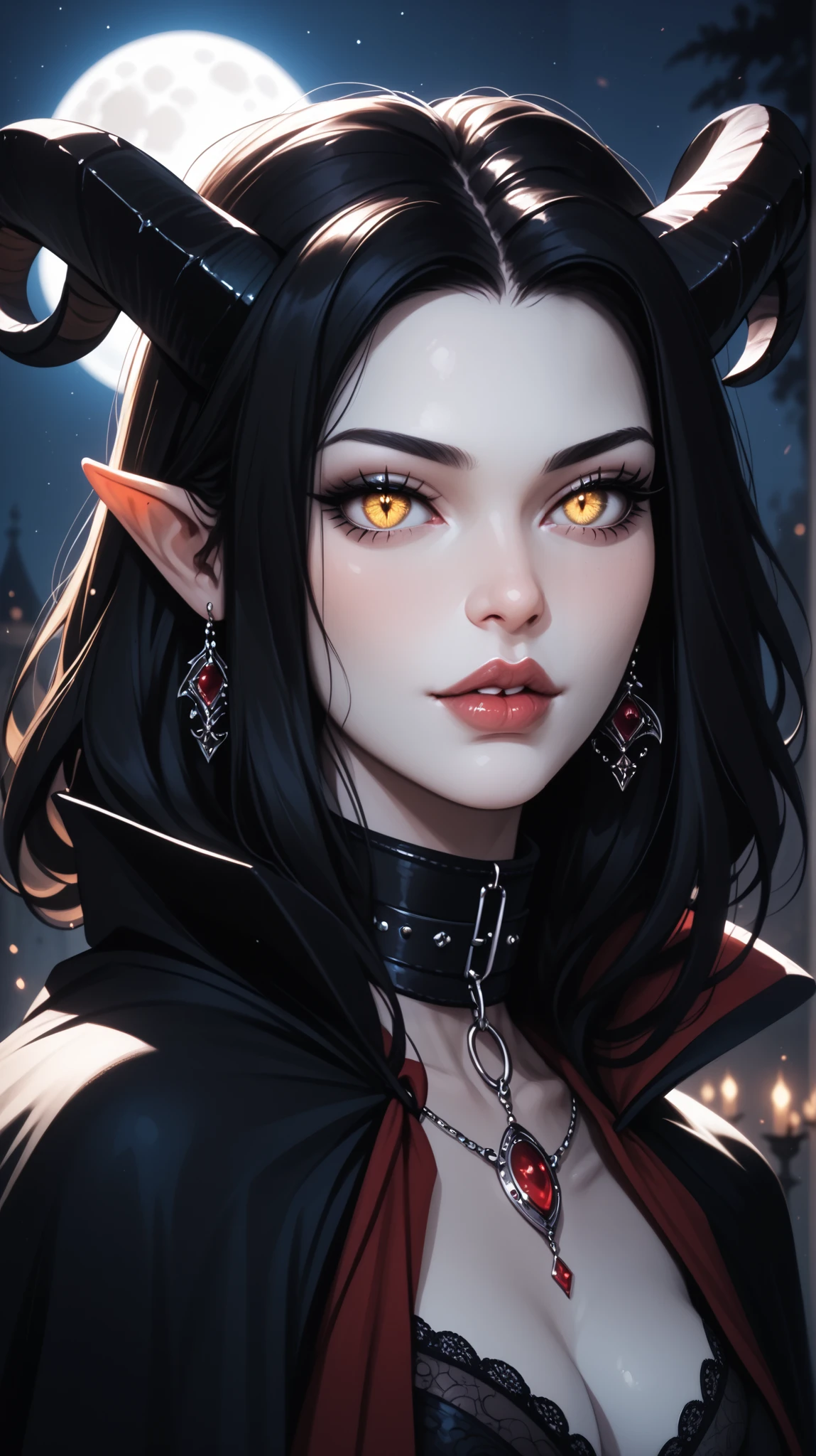 score_9, score_8_ upwards, score_7_ upwards, score_6_ upwards, score_5_ upwards, ((( beautiful , high quality))), looks towards , portrait, score_9, score_8_ upwards, score_7_ upwards, black sclera , slit p upwardsils, A tiefling, spider eyes , yellow eyes, white skin, black hair, dark background , blurred background, Gothic, posing, at night, realistic natural light , big , mantle, beautiful detailed lips , long eyelashes , good anatomy, seductive look, big thick black horns, collar, demon tail, dark fantasy, moon, 8 k, photorealistic