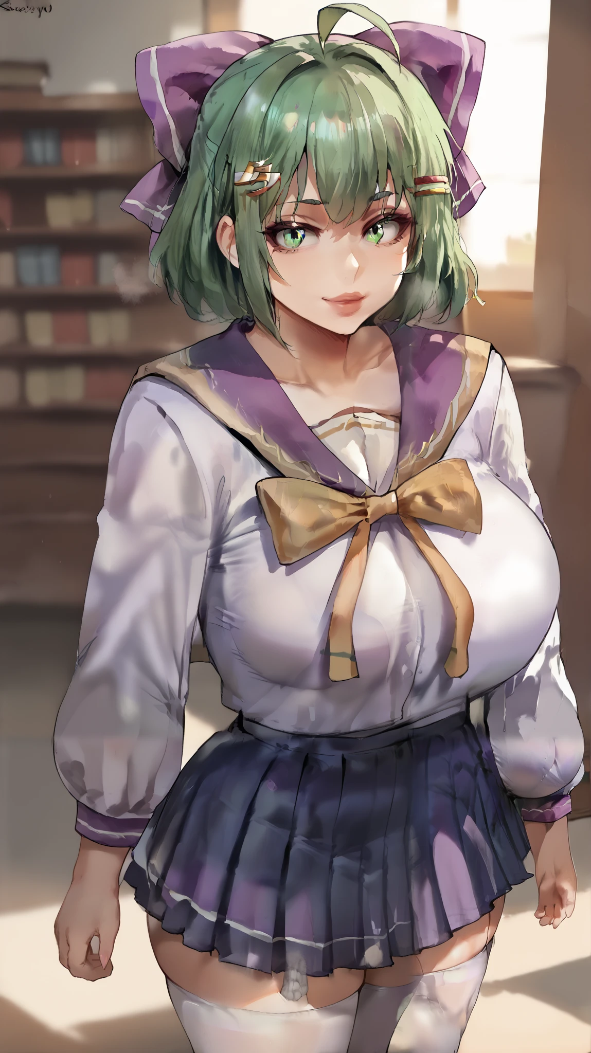 Score_9,Score_8_up,Score_7_up,Score_6_up, Resources _ Japanese Anime, girl, airplane color , dynamic pose, arms behind her ,( absurd:1.2), Japanese woman, 1 High School Girl , Full body type, Beautiful character design , No makeup, score_9, score_8_up , score_7_up , (best quality), (ultra-detailed), (masterpiece, best quality:1.3), 1female, adult, Masterpiece, Best Quality, hi res,HD, detailed 1girl,anime, mature female, indoors, smile, age 30 - 40 ,curvy, busty,thick, huge breast, cleavage, prominent lips, mature face,milf, mother, NSFW,short green hair, green eyes, purple bow headdress, hair clips, purple and yellow sailor collar, sailor suit, blue pleated skirt, white stockings, Green Hair Bow Girl,ahoge / stray hair,M-shaped fringe / M-shaped bangs Short green hair, green eyes, purple bow headpiece, Barrette . Hair bow volup tuous, volup tuous female, looking at viewer, high resolution, 8k, 4K, high detail, Detailed Bangs, detailed hair, high detail face, high detail eyes, detailed lips, dynamic shot, dynamic angle, small nose, eigaka , permanent, front shot, in the library where no one else is,school uniforms, long sleeve