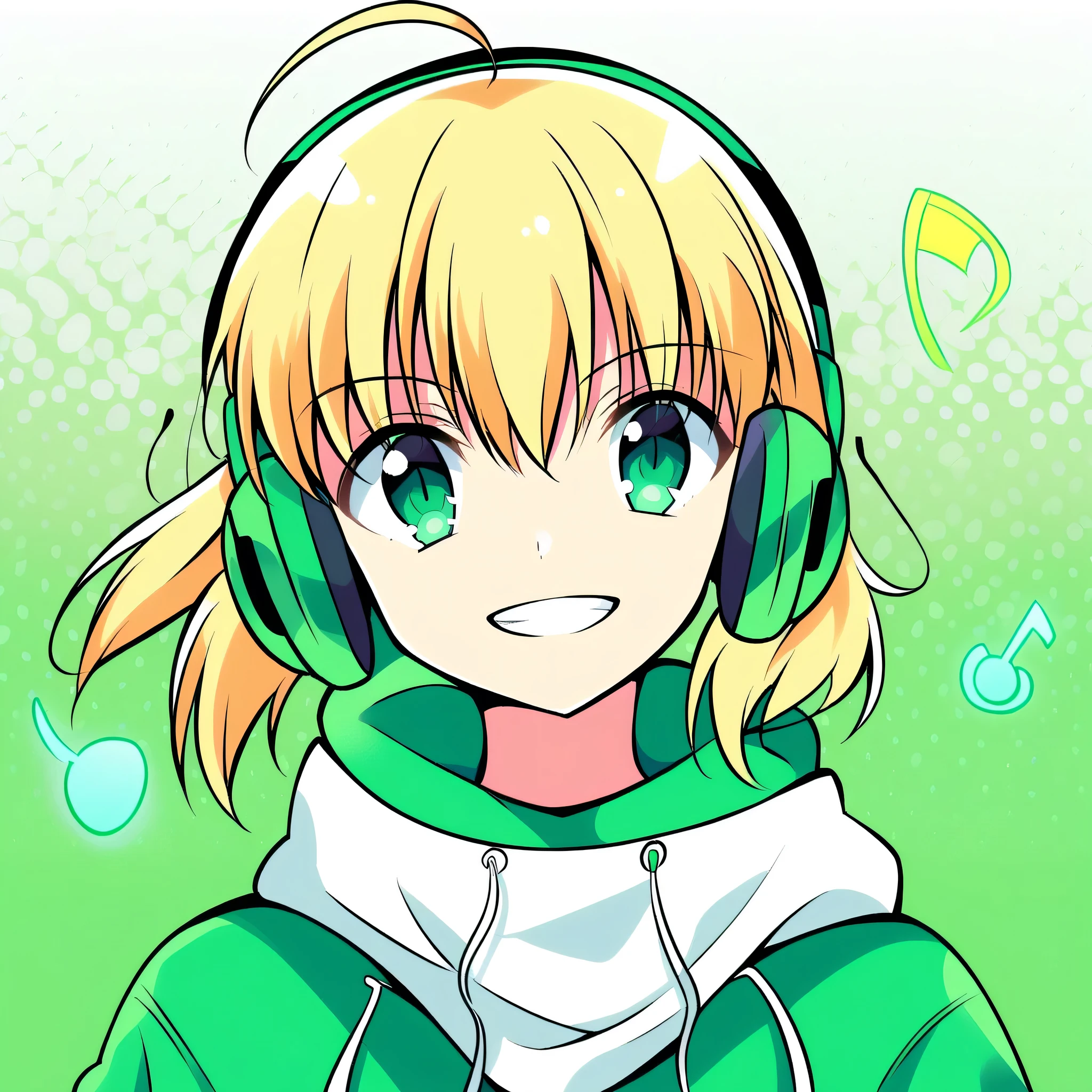 Digital art of Saber from Fate/stay night, smiling and looking directly at the camera. She's wearing modern headphones and appears to be listening to music. Her bright green eyes are wide open and cheerful. The image should have a clean, vibrant style suitable for a social media logo. Saber's iconic blonde hair and ahoge (hair antenna) should be prominently featured. The background should be simple and unobtrusive to keep focus on Saber's face and headphones.