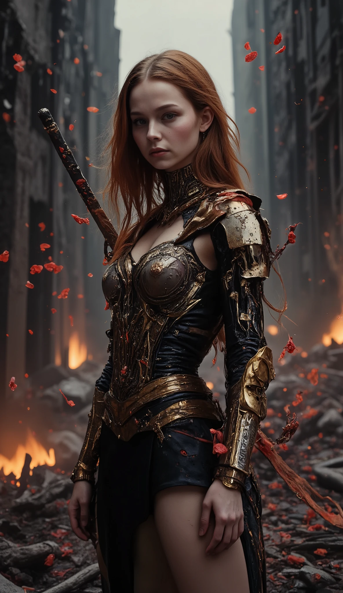 A fierce and breathtaking scene of MaleniaNorm, the legendary female warrior, poised in the midst of battle. She stands confidently, her slender figure clad in intricately detailed golden and crimson armor, covered in elegant, thorn-like motifs. Her long, fiery red hair flows wildly around her, partially obscuring her porcelain face and cold, determined eyes. In her right hand, she holds her iconic prosthetic arm wielding a massive, rune-etched katana, dripping with blood from recent combat. Scarlet blossoms swirl around her, floating in the air like ghostly petals, adding a haunting beauty to the scene. The background is a war-torn battlefield, shrouded in a mist of blood-red flowers and glowing embers, with remnants of fallen warriors scattered around. The atmosphere is charged with a sense of dread and grace, capturing Malenia’s deadly elegance and the unyielding strength of one of the most formidable foes in the Lands Between. (maximum ultra high definition image quality and rendering:3), maximum image detail, maximum realistic render, (((ultra realist style))), realist side lighting, , 8K high definition, realist soft lighting, (amazing special effect:3.5) apoclypse,. cyberpunk, futuristic,D4rkCyb3rDyn34n1m3 style