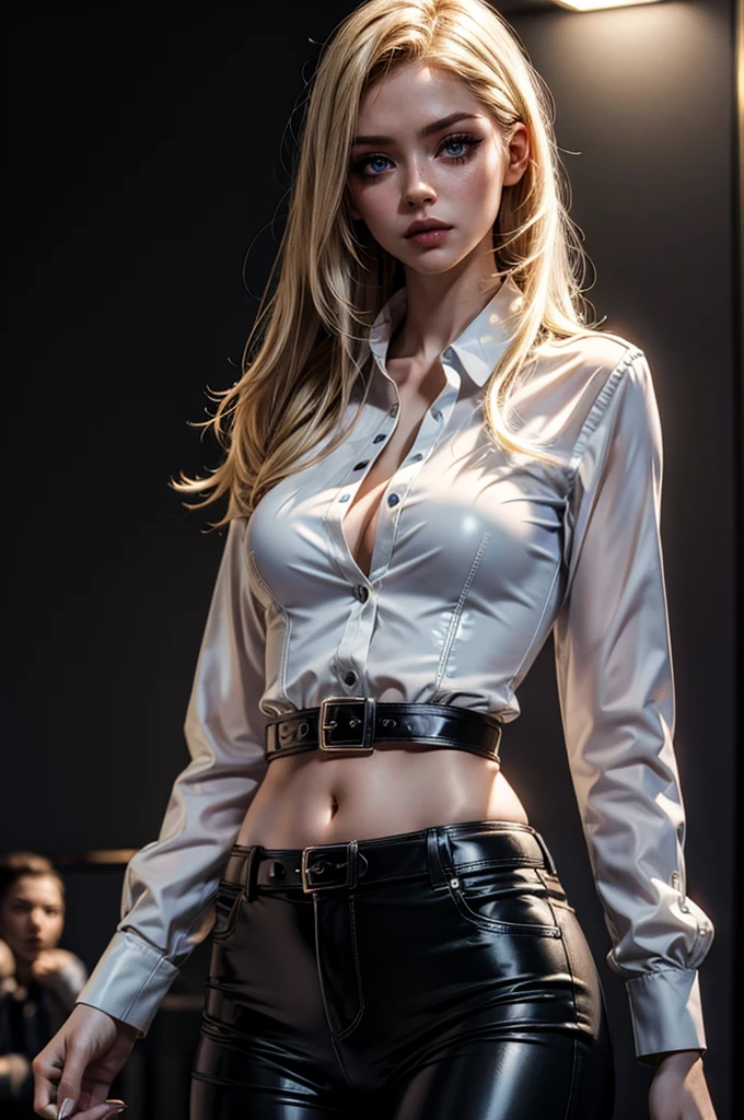 cowboy shot,a pretty 2 girl,blond hair,blue eyes,lora_Emma,slim athletic body,(tight and stretched white blouse with buttons),button gap,short sleeves,pokies,ultra low rise black shiny latex pants,(double metal belt),empty studiobackground,(best quality,4k,8k,highres,masterpiece:1.2),ultra-detailed,(realistic,photorealistic,photo-realistic:1.37),dramatic lighting,cinematic,fashion photography,studio lighting,high contrast,vivid colors,beautiful detailed eyes,beautiful detailed lips,extremely detailed eyes and face,long eyelashes, touching hair