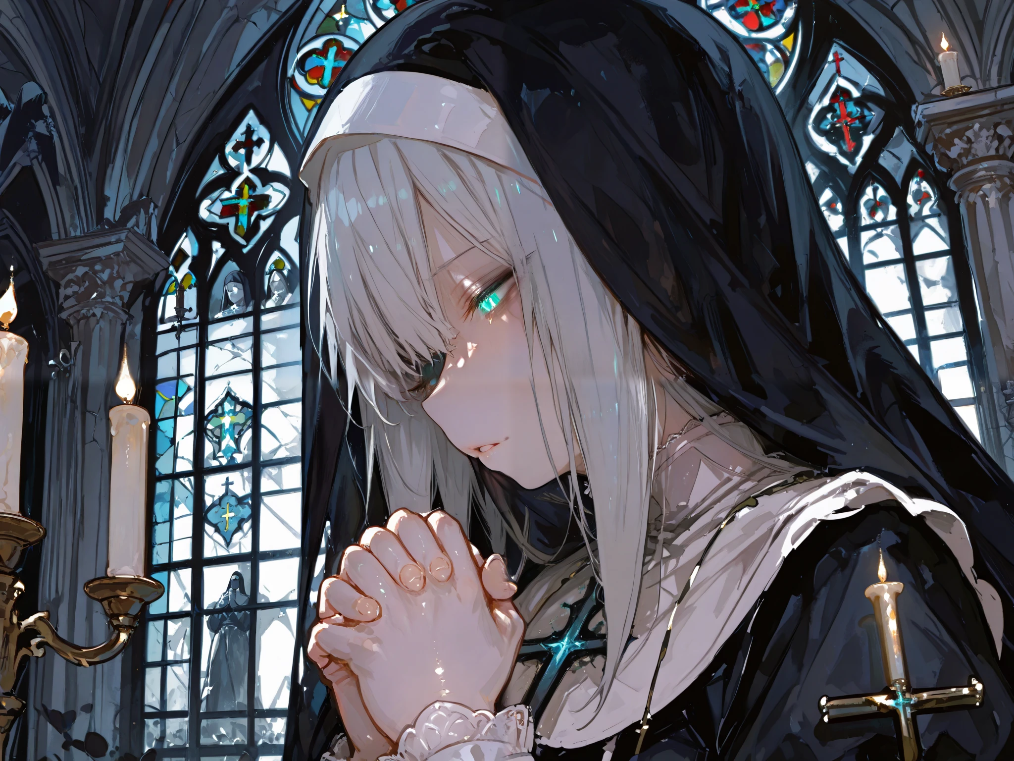 illustration, dark gothic,best quality, 1girl, silver-haired nun,bright cyan glowing eyes, wearing a dark nun outfit with veil, praying with hands clasped, solemn expression,shiny skin, dimly lit church dedicated to demon worship, large demonic statue in background,748cmstyle, side view,no windows or stained glass, only light from candles on candelabra put her side, dark and oppressive atmosphere, sense of despair and hopelessness, gothic and eerie vibe, shadows casting across cracked walls