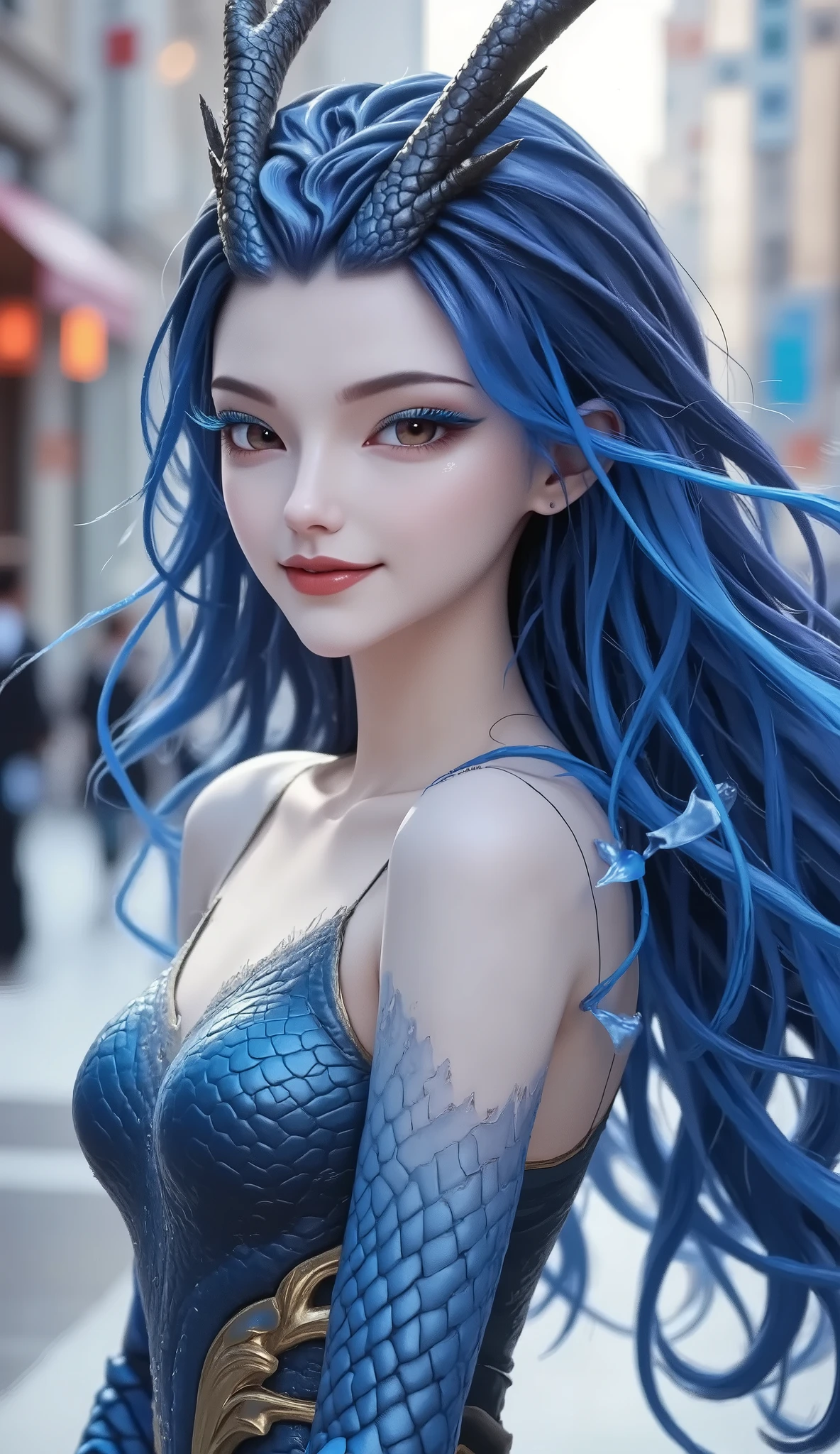 Noble and Elegant Dragon Princess,She will freeze magic, red eyes,Blue eyelashes,Dragon Horn。Prefer blue clothes。Dragon in the air。crystal darts,Examples of luminescence, ray tracing,Motion Capture。 Disney-style ,IG Model,Blue Elf, Detailed Fantasy Art , Fantasy Art Style, Intricate Fantastic Digital Art