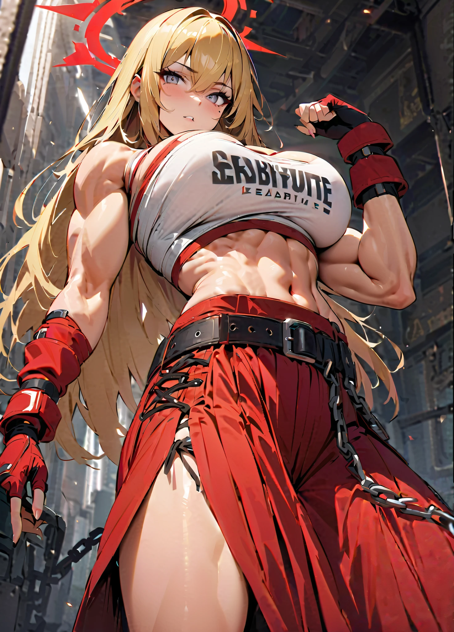 a anime woman, muscular, big breasts, in tight clothes gym, with long blonde and spiky hair, with red eyes and an angry but cute expression.