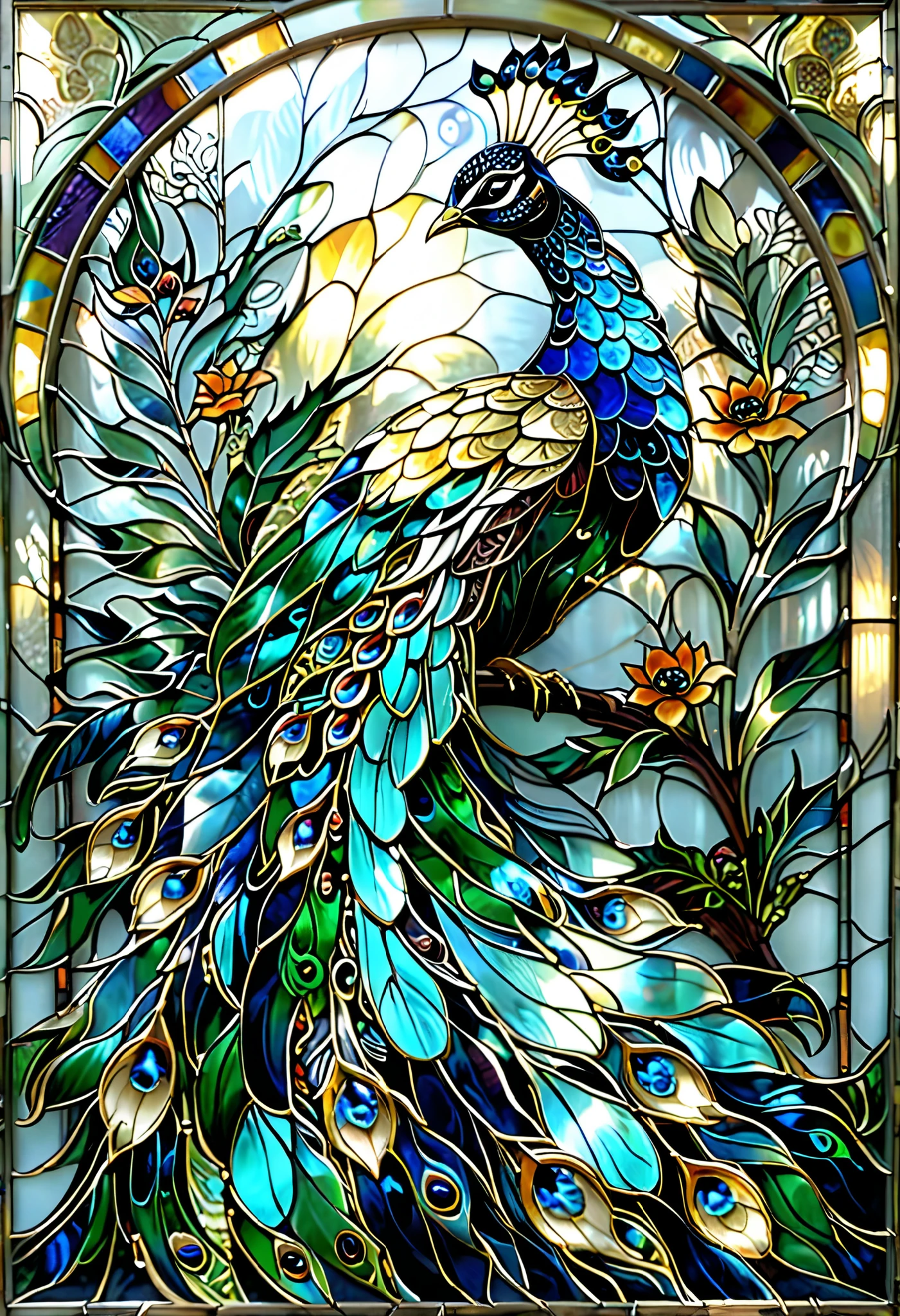 「 stained glass art depicting a beautiful and ornate peacock 。 The peacock's body is colored in bright blue and turquoise 、 The shape stands out 。 detailed plant patterns and flowers 、green、gold、 vivid blue colors are applied 、 each feather is drawn in detail 。 Warm gold or orange light shines into the background、 poor color 々Decorated with 。 the reflection of light peculiar to glass is beautiful 、 fantastic and luxurious design 。 low res、 blurry details 、Pixelated 、 rough edges 、 poor color 、 Unnatural Lighting 、Disturbing composition 、 lines are unclear 、 too dark 、messy background、 long, graceful tail feathers 、 dull colors 、 avoid designs that lack overall harmony 。」