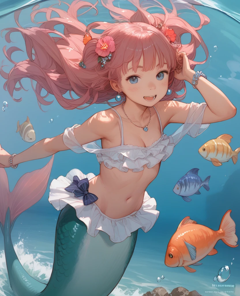 (best quality,4k,8k,highres,masterpiece:1.2),ultra-detailed, Pretty princess magically transformed into a beautiful mermaid, drawn in anime style,race swap, fantastic transformation, none human, steampunk, fish like, wet body, surrounded by small bubbles, long and detailed mermaid tail with shimmering red fish scales, fins ears, red shimmering scales on neck, very long pigtails red hair, sharp teeth, is smiling, pink eyes, small breast, long pelvic and dorsal fins, pair of fish gills on her torso and her neck, red seashells bra, starfish hair clips, pearl earrings and bracelets, pearl necklace, hair ribbons, gold tiara, ocean depths, swimming underwater, joyful expression, playful mermaid poses, sparkling water, water reflections, ethereal atmosphere, subtle glow, whimsical and enchanting, checking her new body, underwater world, colorful coral reef, magical underwater lighting, vivid colors, breathing underwater, endless ocean depths, sunlight filtering through the water, Highly detailed, masterpiece, high quality, 4K.