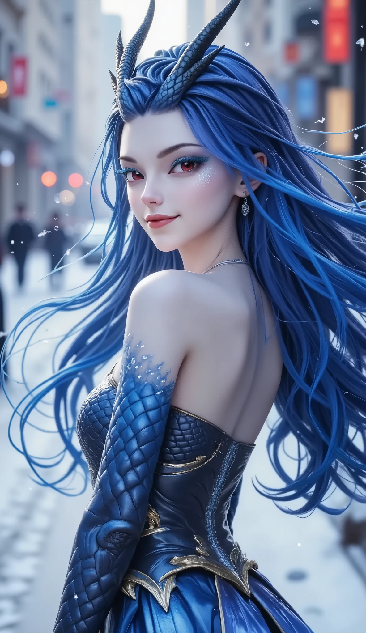 Noble and Elegant Dragon Princess,She will freeze magic, red eyes,Blue eyelashes,Dragon Horn。Prefer blue clothes。Dragon in the air。crystal darts,Examples of luminescence, ray tracing,Motion Capture。 Disney-style ,IG Model,Blue Elf, Detailed Fantasy Art , Fantasy Art Style, Intricate Fantastic Digital Art