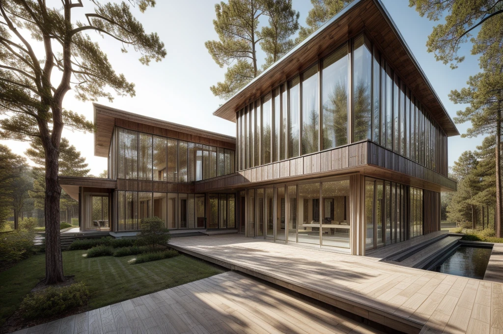 A realistic modern house, Glass,  Wood , White House, luxurious, in forest, Cap Cornice ,  natural light, best light, Best Photo,  Best Quality, (Realistic rendering), beauty:1.444 