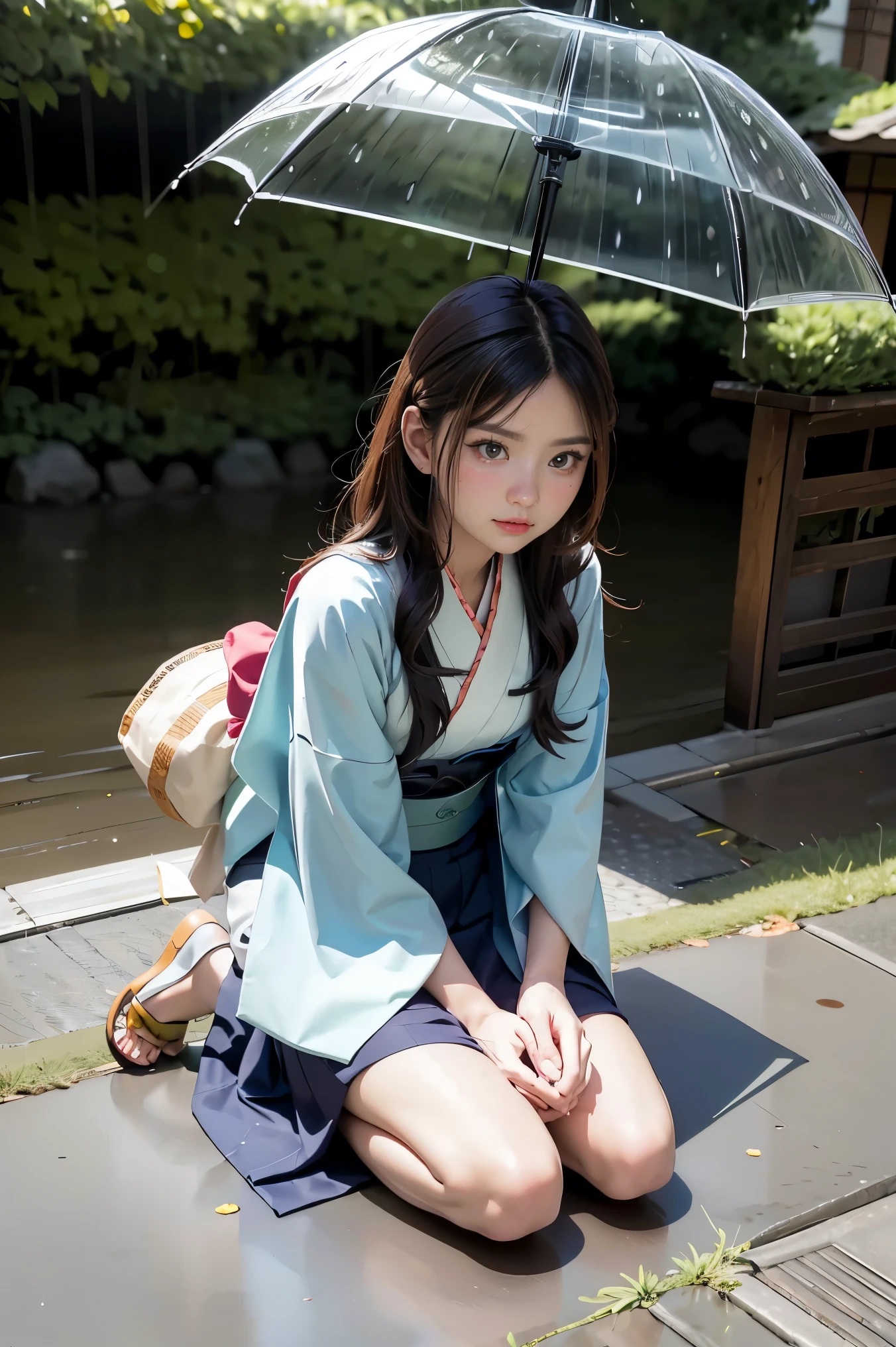 On the ground sat a woman in a costume,Japanese cartoons girl , Japanese cartoons , the first god,sweet rain,kneeling to sitting on the ground
