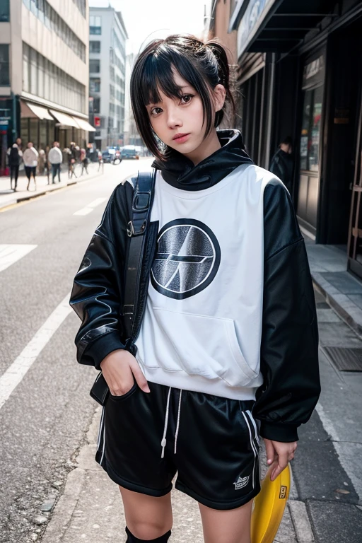 (((Highly detailed CG unit 8k wallpaper:1.2、masterpiece、High resolution:1.2、Highest quality:1.2、Masterpiece)))、((Very beautiful woman、Hands in pockets:1.8、Grunge Fashion:1.2、Wearing a hoodie:1.2、Wearing white leggings、Wearing shoes))、((Highly detailed face、Highly detailed black eyes、Highly detailed body、Highest qualityのリアルなテクスチャ スキン))、(Black Hair、Bobcut、De Pere Blanca、small)、((colorful geometric pattern wall、Colorful wall))、(High Angle:1.2、Fisheye Lens:1.3)、Ultra-Realistic Digital Painting