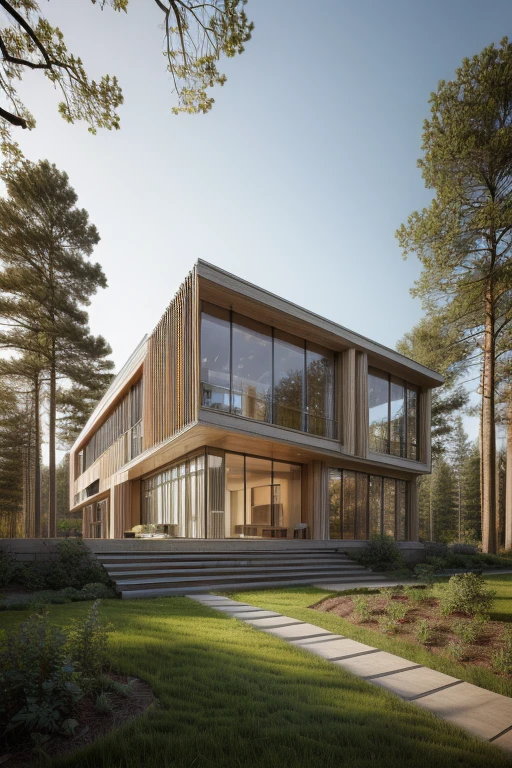 A realistic modern house, Glass,  Wood , White House, luxurious, in forest, Cap Cornice ,  natural light, best light, Best Photo,  Best Quality, (Realistic rendering), beauty:1.444 
