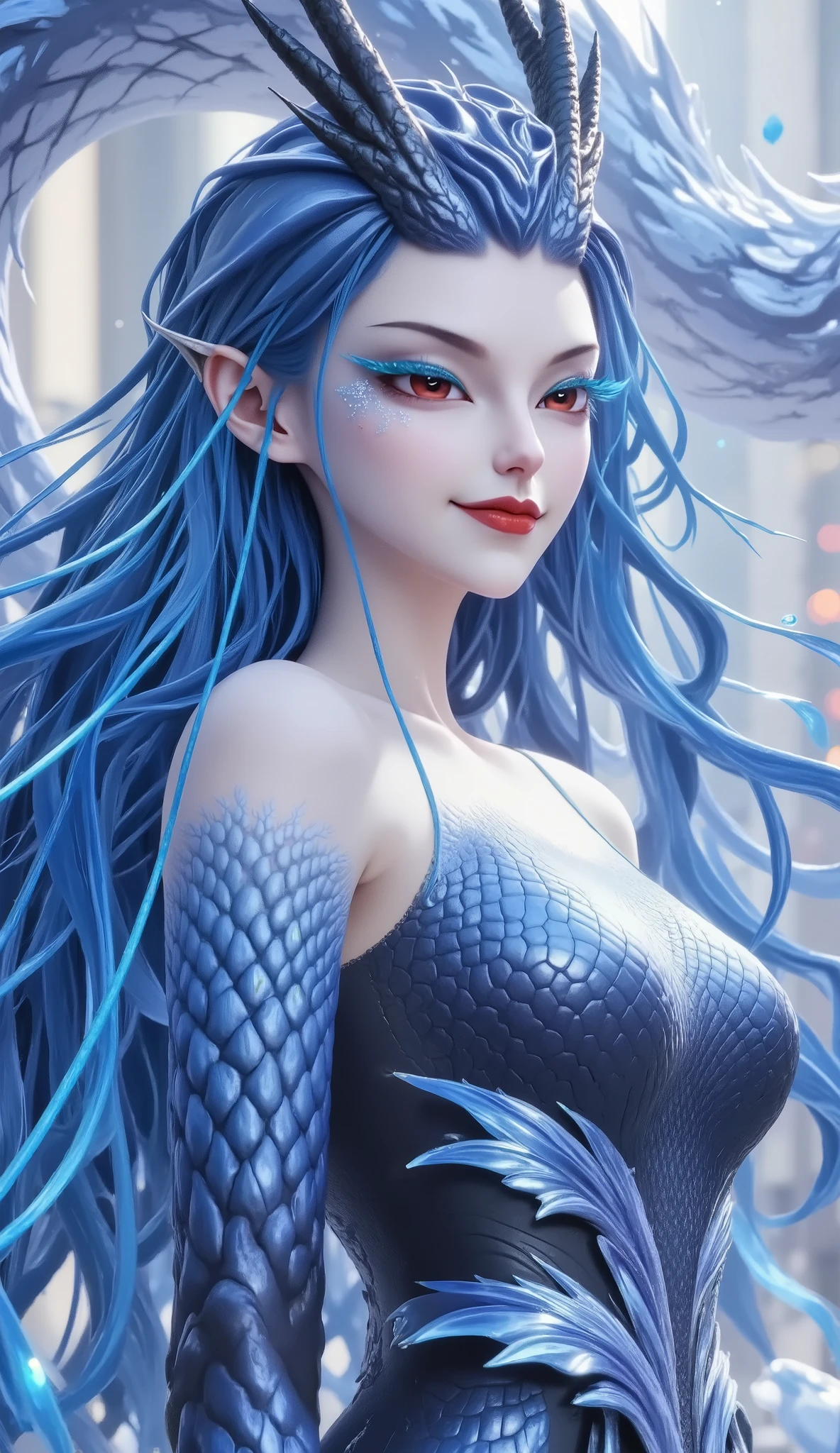 Noble and Elegant Dragon Princess,She will freeze magic, red eyes,Blue eyelashes,Dragon Horn。Prefer blue clothes。Dragon in the air。crystal darts,Examples of luminescence, ray tracing,Motion Capture。 Disney-style ,IG Model,Blue Elf, Detailed Fantasy Art , Fantasy Art Style, Intricate Fantastic Digital Art