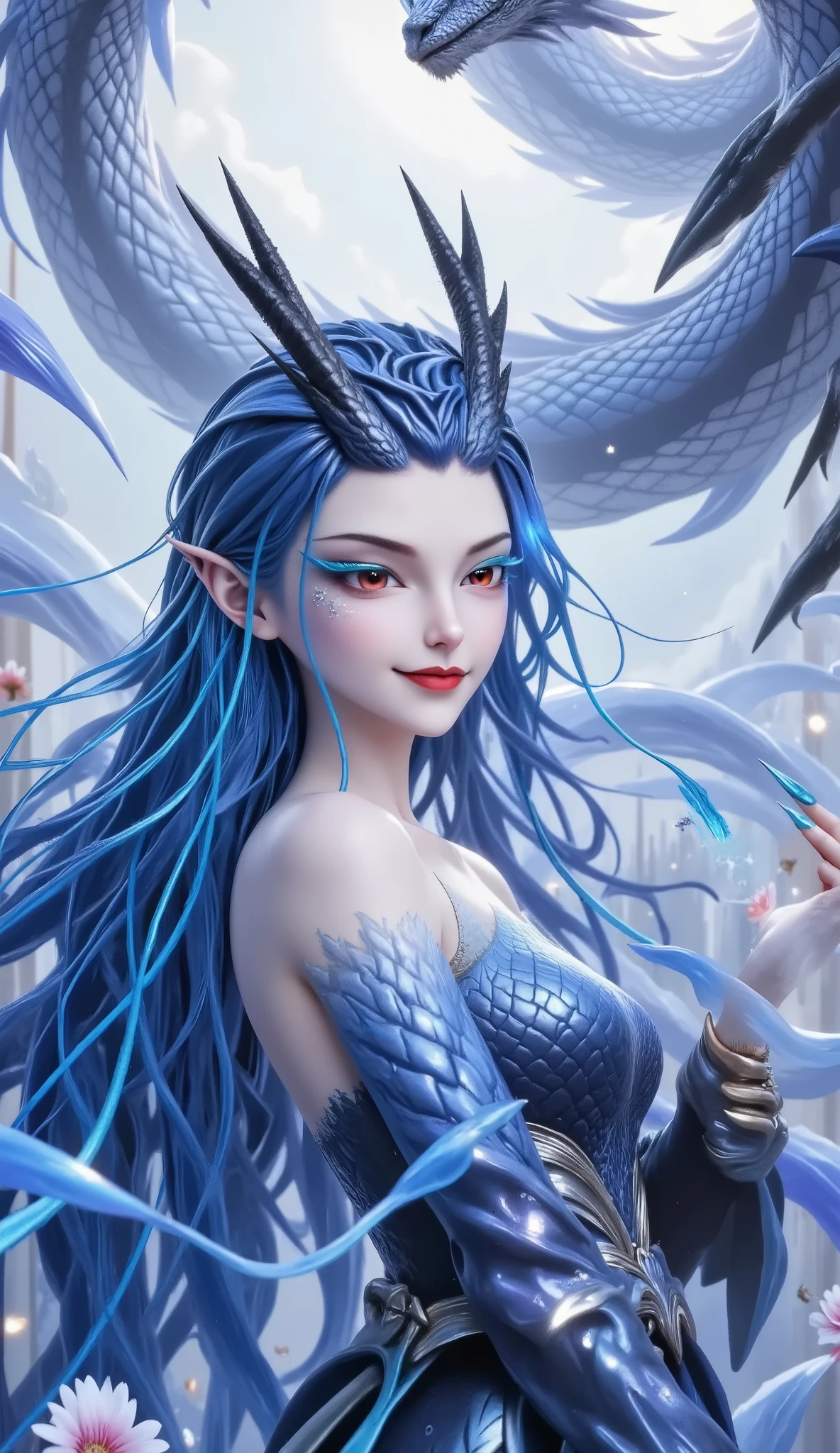  Noble and Elegant Dragon Princess，She will freeze magic， red eyes，Blue eyelashes，Dragon Horn。Prefer blue clothes。Dragon in the air。crystal darts，Examples of luminescence， ray tracing，Motion Capture。 Disney-style ，IG Model，Blue Elf,  Detailed Fantasy Art  ,  Fantasy Art Style,  Intricate Fantastic Digital Art 