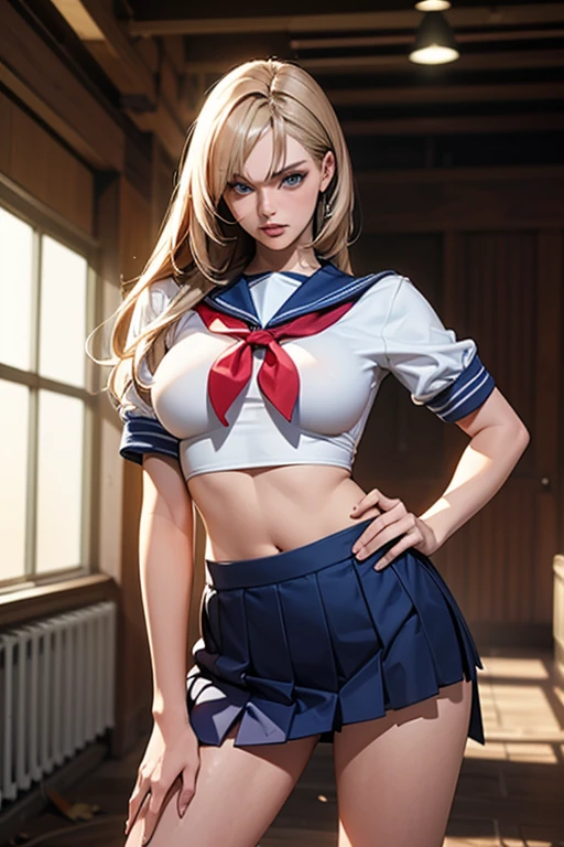 (back view, backside view),(masterpiece, best quality:1.4),Girl sitting on bed, absurdres, highres, ultra detailed, beautiful, 1girl, (secretary), (perfect face, detailed face, beautiful:1.3), (blue eyes, golden hair, bangs, hair intakes, long hair), (natural breasts, cleavage), collarbone, fingerless gloves, gloves, dress tight, over the knee dress, hat, navel, neckerchief, red neckerchief, elegant secretary dress outfit, thick thighs, thighs, multiple belts, More detailed 8K.motor irreal:1.4,UHD,La mejor calidad:1.4, fotorrealista:1.4, textura de la piel:1.4, obra maestra:1.8,obra-prima, mejor calidad,objeto Objeto], (detailed face features:1.3),(manos detailed)