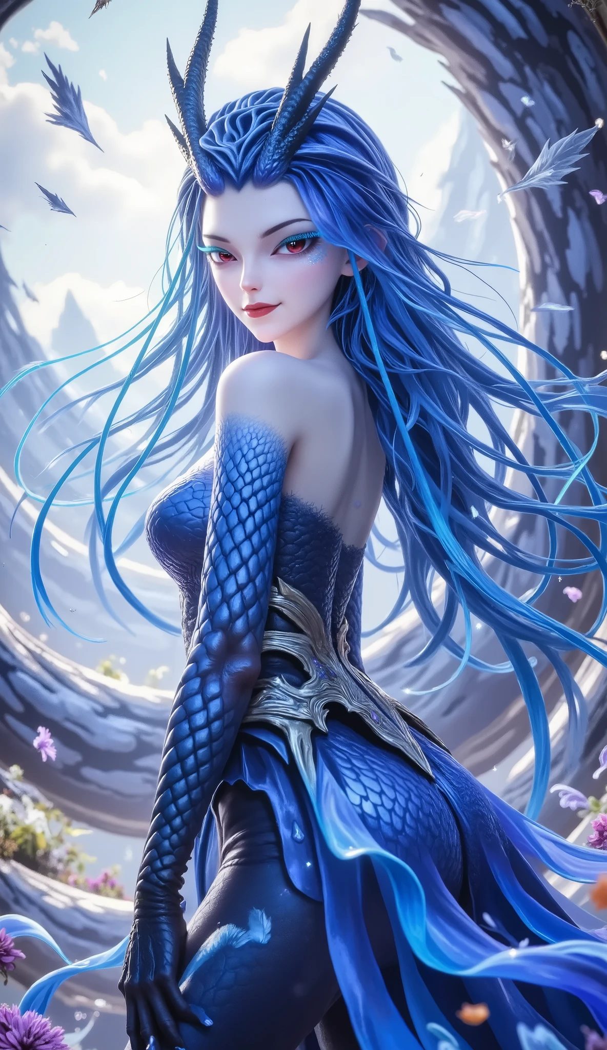 Dragon Girl,  is unique， blue hair, 