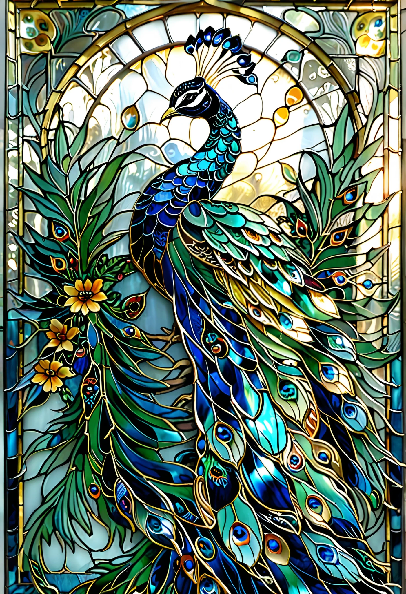 「 stained glass art depicting a beautiful and ornate peacock 。 The peacock's body is colored in bright blue and turquoise 、 The shape stands out 。 detailed plant patterns and flowers 、green、gold、 vivid blue colors are applied 、 each feather is drawn in detail 。 Warm gold or orange light shines into the background、 poor color 々Decorated with 。 the reflection of light peculiar to glass is beautiful 、 fantastic and luxurious design 。 low res、 blurry details 、Pixelated 、 rough edges 、 poor color 、 Unnatural Lighting 、Disturbing composition 、 lines are unclear 、 too dark 、messy background、 long, graceful tail feathers 、 dull colors 、 avoid designs that lack overall harmony 。」