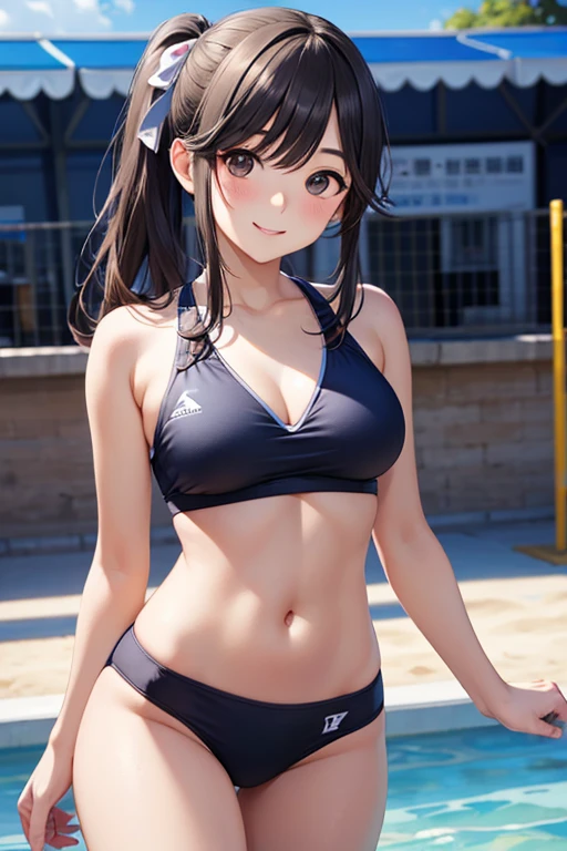 highest quality、Realistic、female、zoom、Chestnut Hair、Blue Eyes、Twin tails、athlete、muscle、Swimwear、athlete、muscle、Abdominal muscles、Glasses、Sunburned、Tan、Brown Skin、From below、smile、Ocean、Looking down、、Small breasts、Bust Shot、　