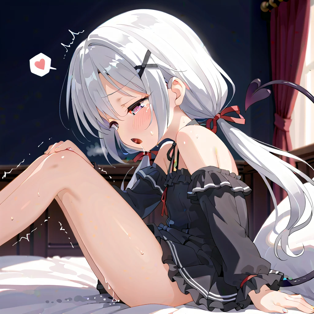 BREAK Perfect Anatomy、(High resolution:1.2)、Incredible illustrations、(Cute illustrations:1.2)、() （Beautiful background(on the bed )lying on back

1girl((silver hair, red eyes, tan skin:1.3), slender)
 
(((blazer ,open clothes)), silk underwear, garter stockings)