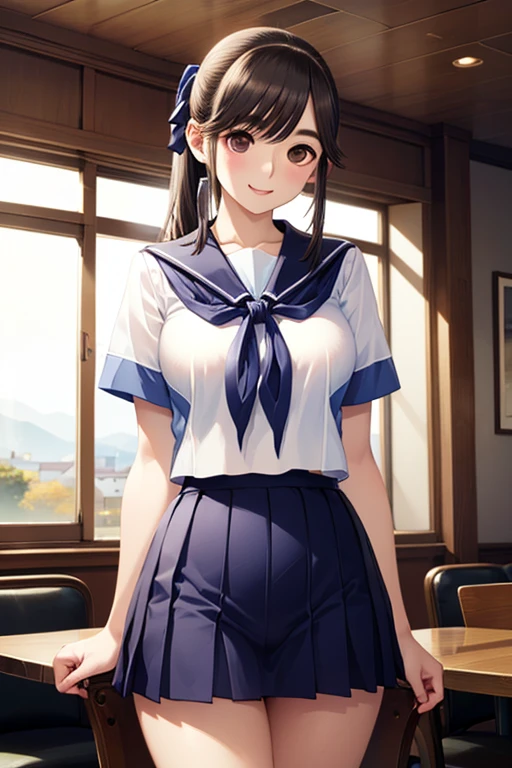 Highest quality、High resolution、Detailed Background、Beautiful face in every detail、Teenage Beauty、Realistic、Perfect body line、Black Hair、Black Hairロングヘア、well-groomed eyebrows、Cute Lip Makeup、Calm atmosphere、A short-sleeved shiny dark sailor suit、White sailor collar、Navy blue pleated skirt、Red ribbon、White Stockings、Standing by the window of a classroom、He looked at me with a happy expression.、Cute gestures、so beautiful、Very big breasts、Big Tits、Beautiful valley、Black spats、Pussy、spats are torn、Pussy、Thighs、Thighs、(sweating:1.3)、(blush:1.3)