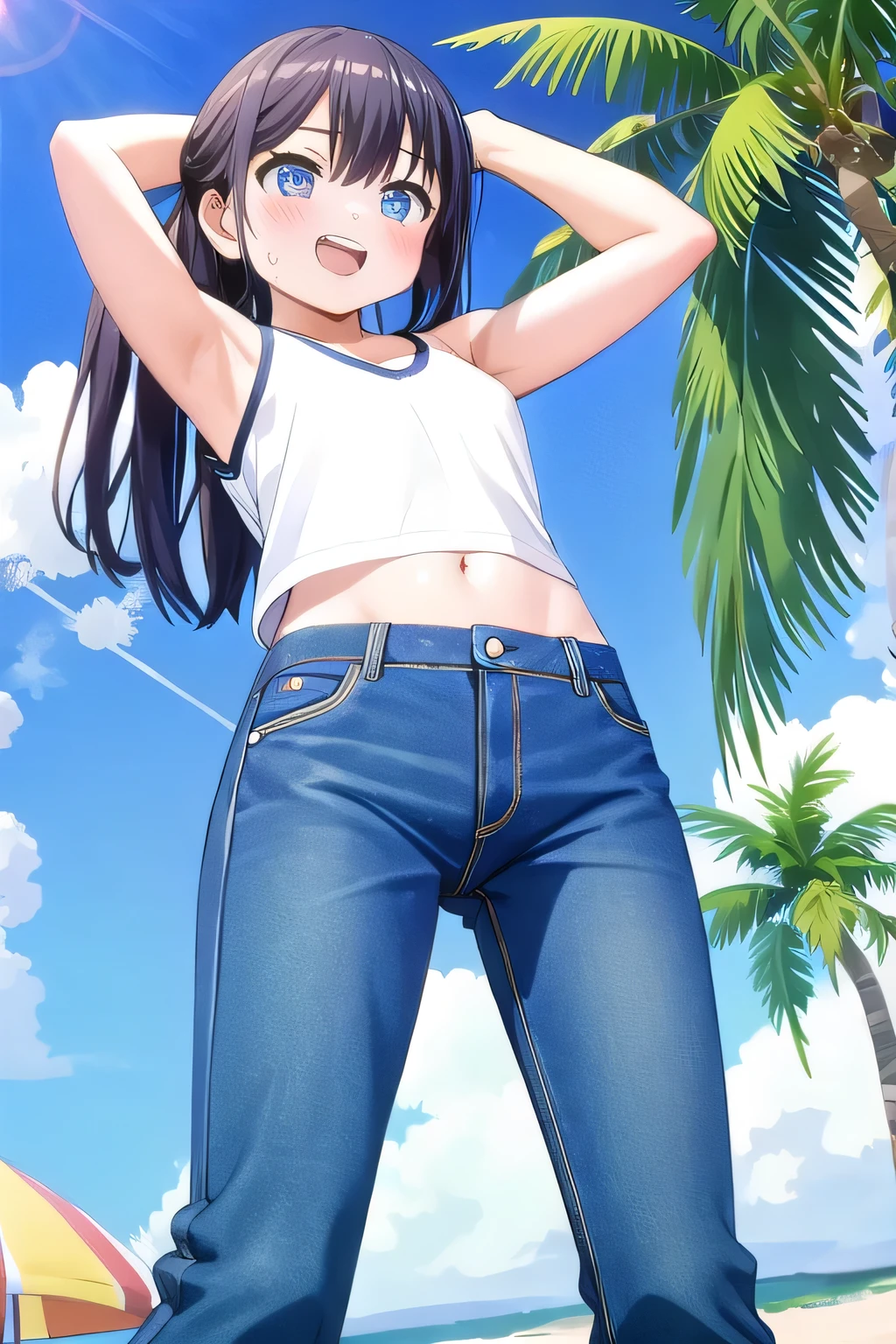 masterpiece,best quality,ultra detail, ((Perfect Face, Perfect Arms, Perfect hands, Perfect Fingers)), 1girl, , peti ((round face, ecstasy, orgasm face, drooping eyes, shame smiling, blush)), dropping eyes, sleepy, Open mouth, ((White teeth)), background((under the beach, (day:1.2), palm tree, bright sky)), komichi akebi, long hair, bangs, blue eyes, black hair, ((arms behind head, hands behind head, fingers behind head)), ((contrapposto)), spread armpits, looking at viewer,, (white tank top:1.2), (white crop top:1.2), (jeans pants:1.2, flares jeans:1.2, skinny jeans:1.2, blue jeans:1.2), standing, (legs spread:1.4), sex pose, Sweaty crotch, Steam from the crotch, from below, whole body