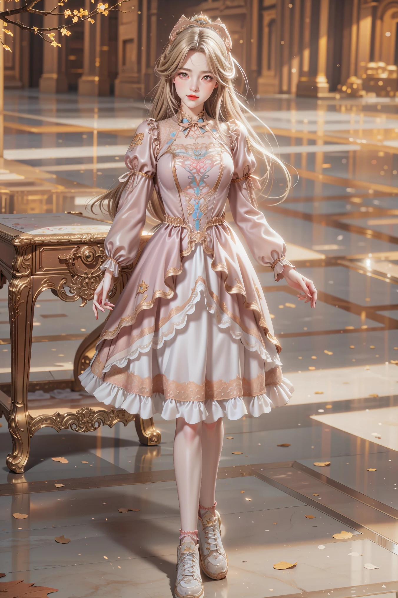 Superb detail, 8k photos, hyper-realism, professional light, realistic background, visual depth, background bokeh, wide angle lens, full body, (, cute, li, flat chest, cat ears), 1girl, colored eyes, blonde hair, (Lolita fashion: 1.5), (lace, frilled shirt, white petticoat, sneakers), (plush toy), pink cute backpack, street, fashion