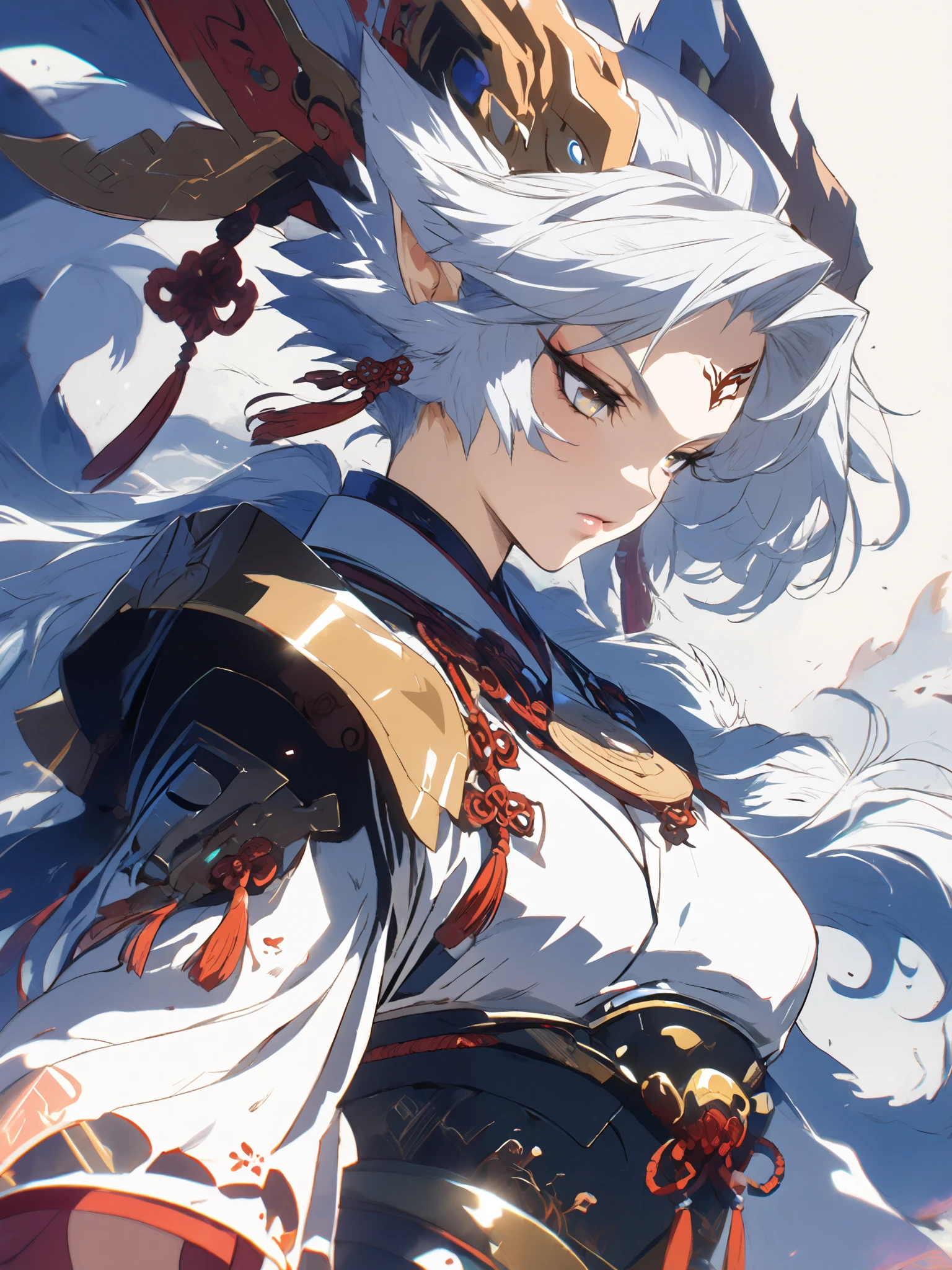 1girl, Solo,ancient, mythical beast,ancient fox, upper body, dynamic,nine tail fox, upper body, beautiful face, intricate, masterpiece,Anime Style, Japanese Illustration Style,