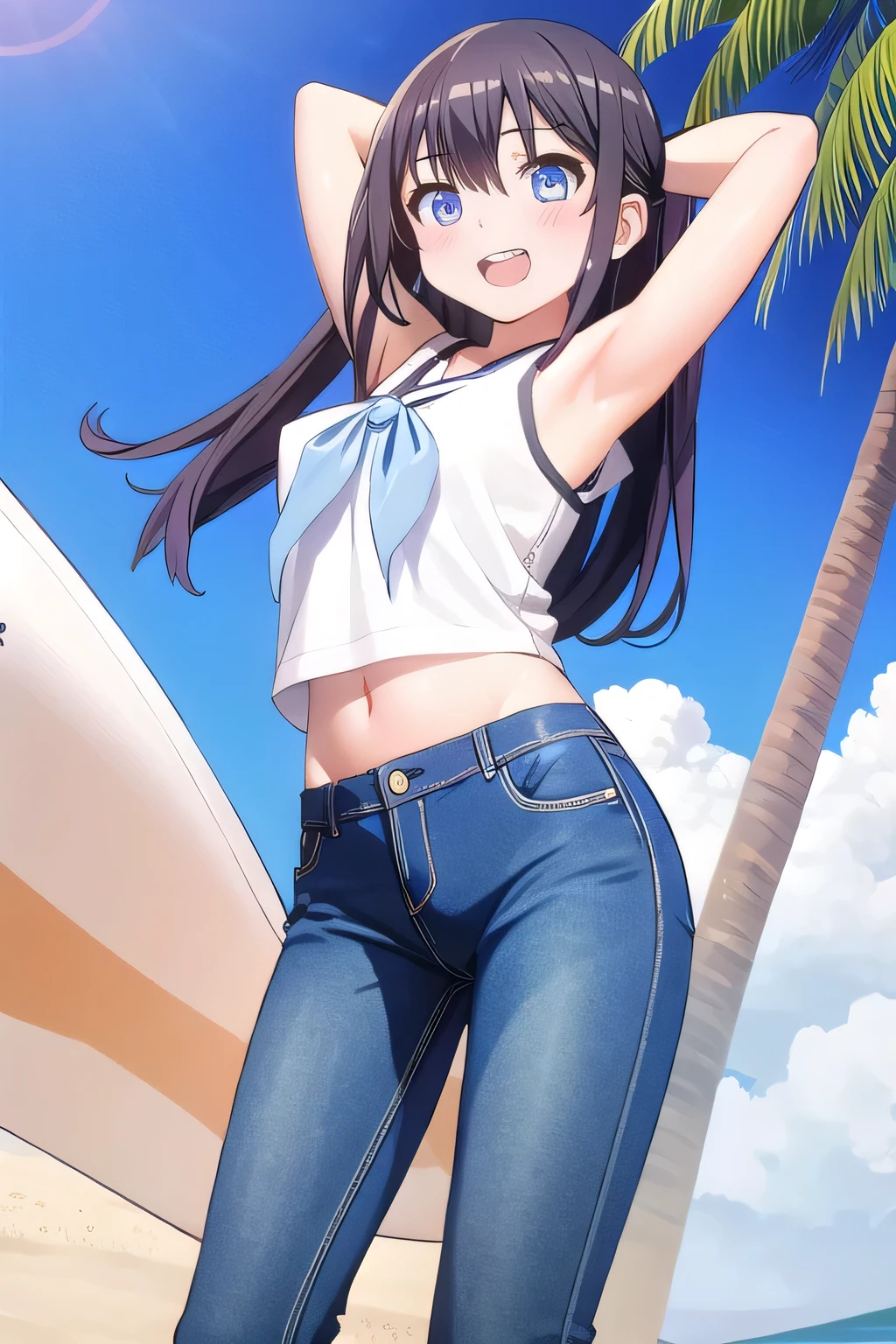 masterpiece,best quality,ultra detail, ((Perfect Face, Perfect Arms, Perfect hands, Perfect Fingers)), 1girl, , peti ((round face, ecstasy, orgasm face, drooping eyes, shame smiling, blush)), dropping eyes, sleepy, Open mouth, ((White teeth)), background((under the beach, (day:1.2), palm tree, bright sky)), komichi akebi, long hair, bangs, blue eyes, black hair, ((arms behind head, hands behind head, fingers behind head)), ((contrapposto)), spread armpits, looking at viewer,, (white tank top:1.2), (white crop top:1.2), (jeans pants:1.2, flares jeans:1.2, skinny jeans:1.2, blue jeans:1.2), standing, (legs spread:1.4), sex pose, Sweaty crotch, Steam from the crotch, from below, whole body